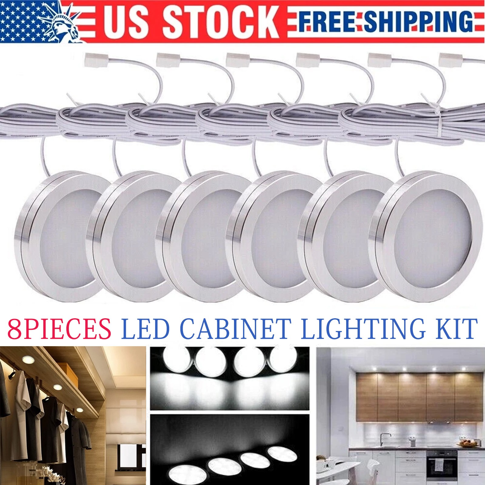 LED Under Cabinet Lighting Kit Kitchen Counter Closet Shelf Puck Light Hardwired