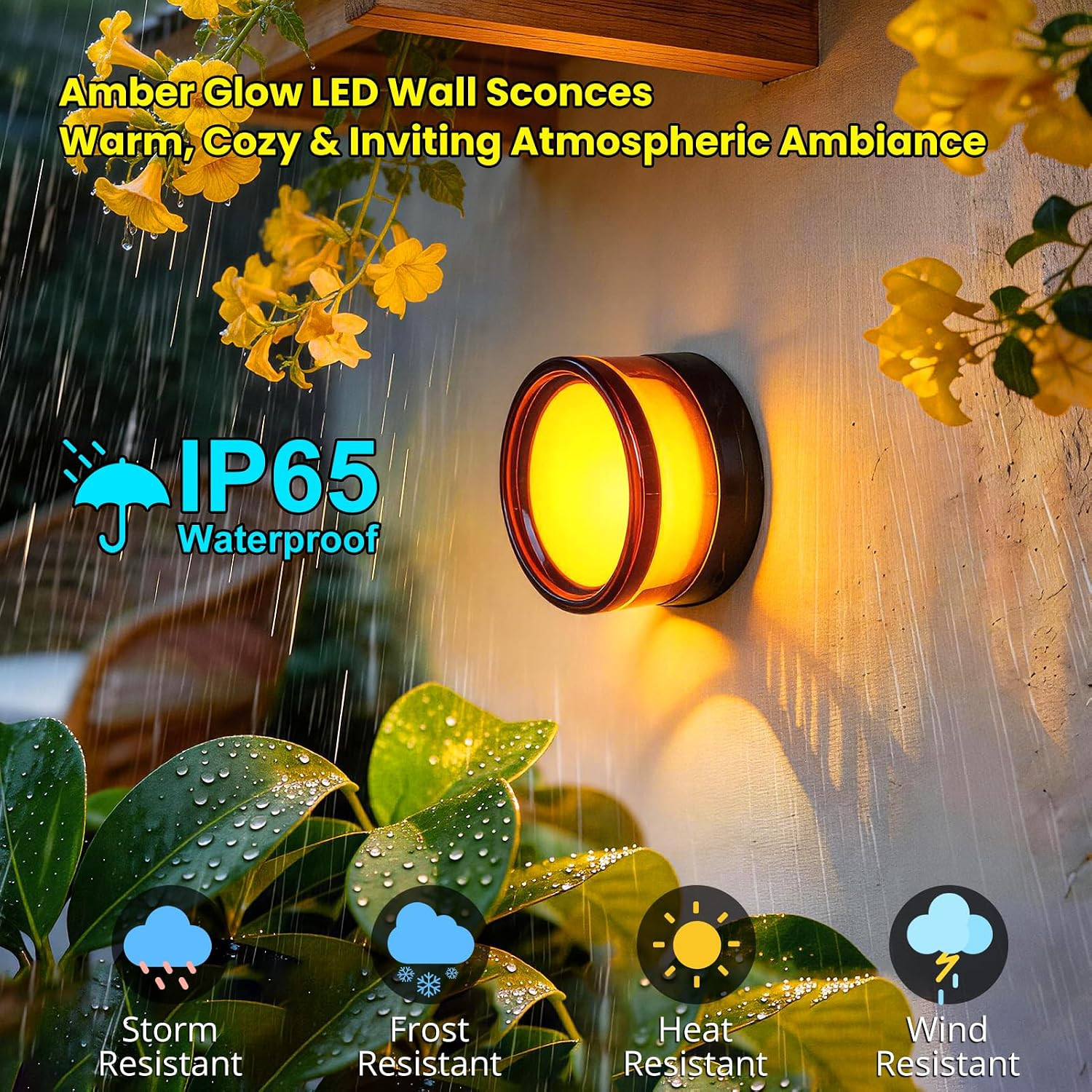 Amber Orange LED Wall Sconces Set of 2, 3000K Warm White, Waterproof