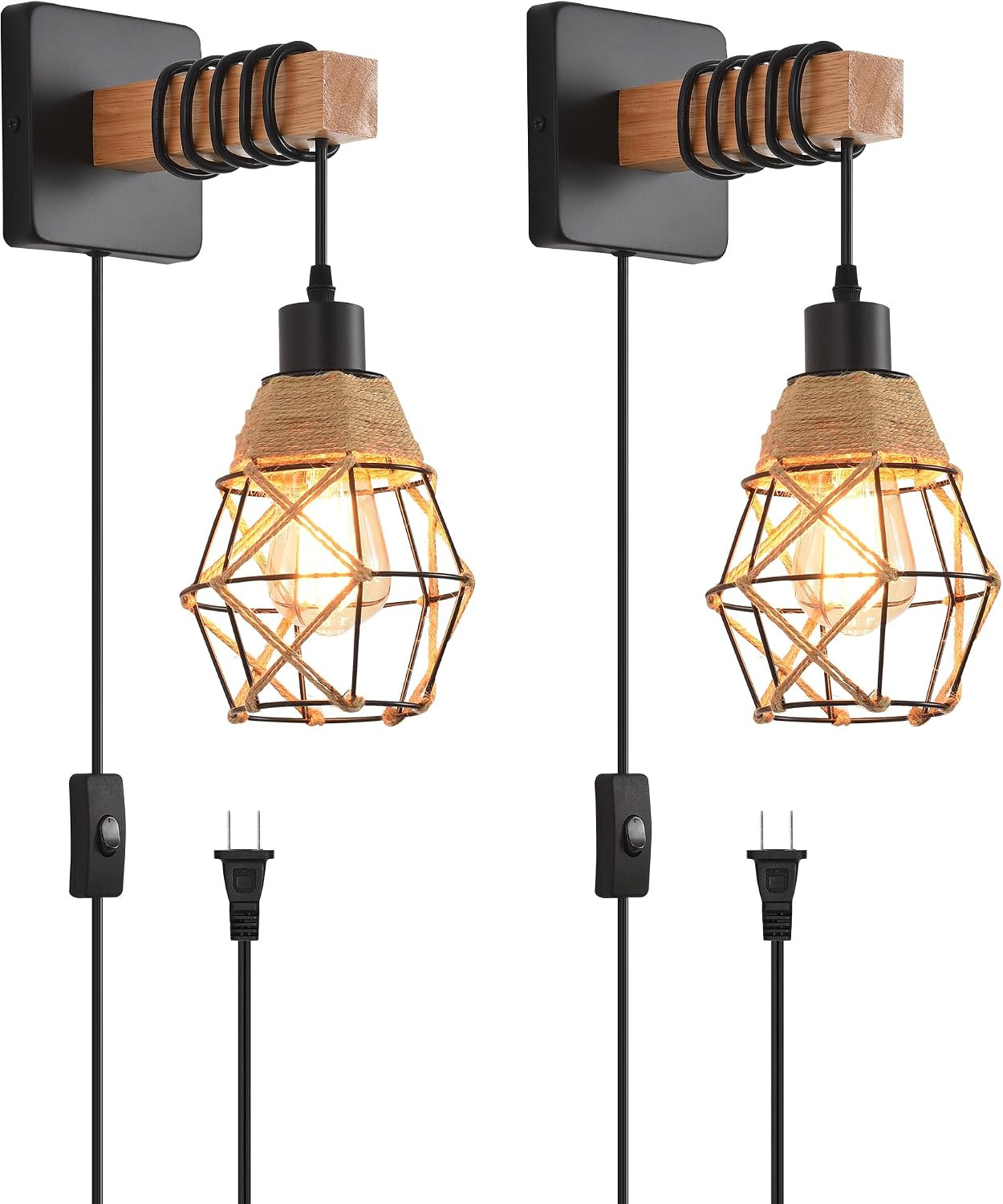 Vintage Rattan Wall Sconces with Plug, Set of 2 Industrial Farmhouse Lights