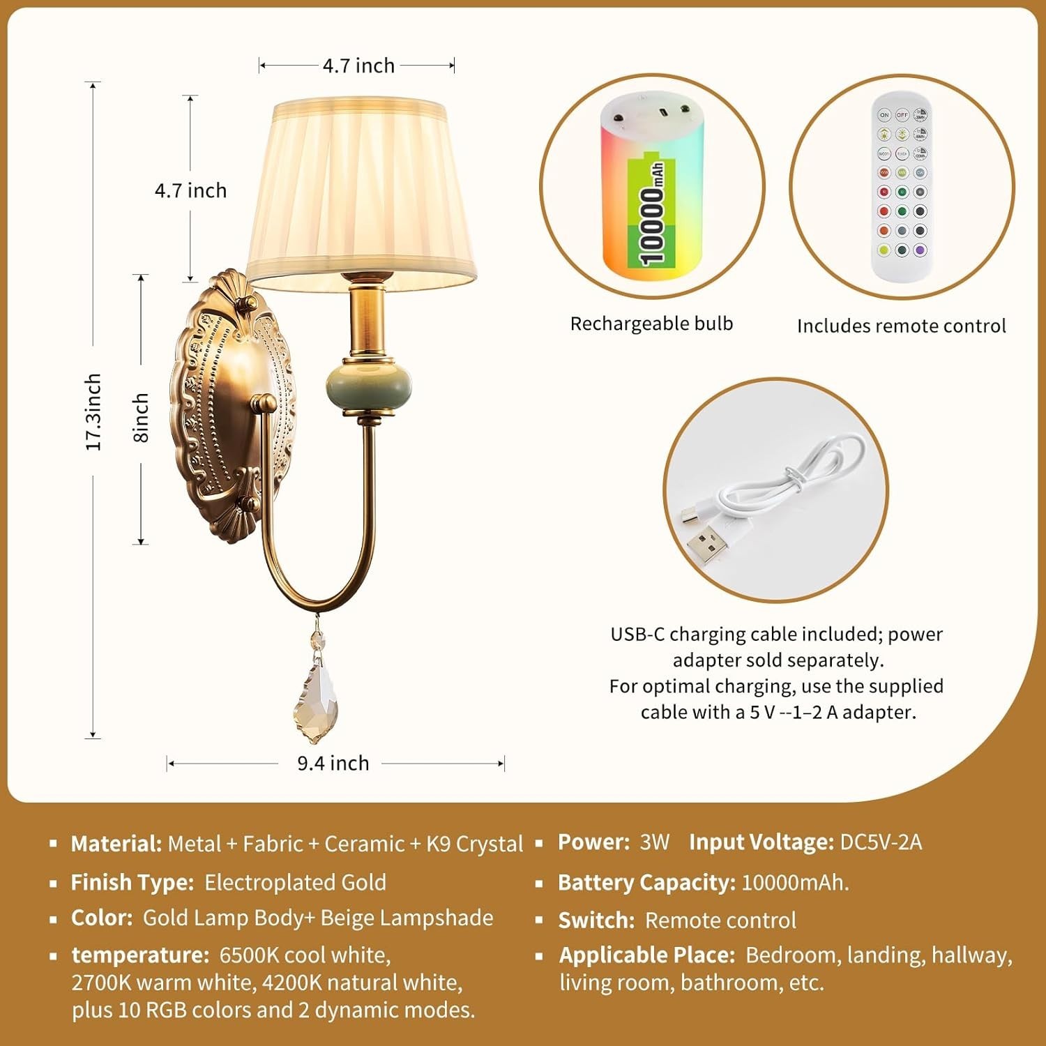 Wireless Battery Operated Antique Brass Wall Sconces Set of 2, 10000mAh Recharge