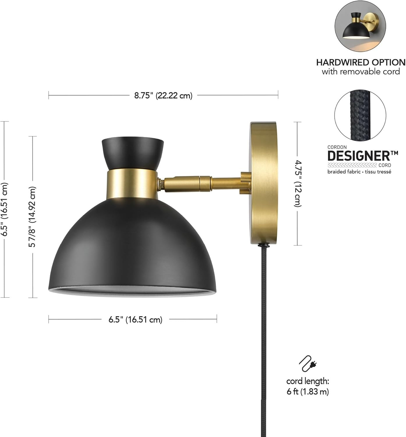 Matte Brass Wall Sconce with Pivoting Shade and 6Ft Cord, Living Room Light