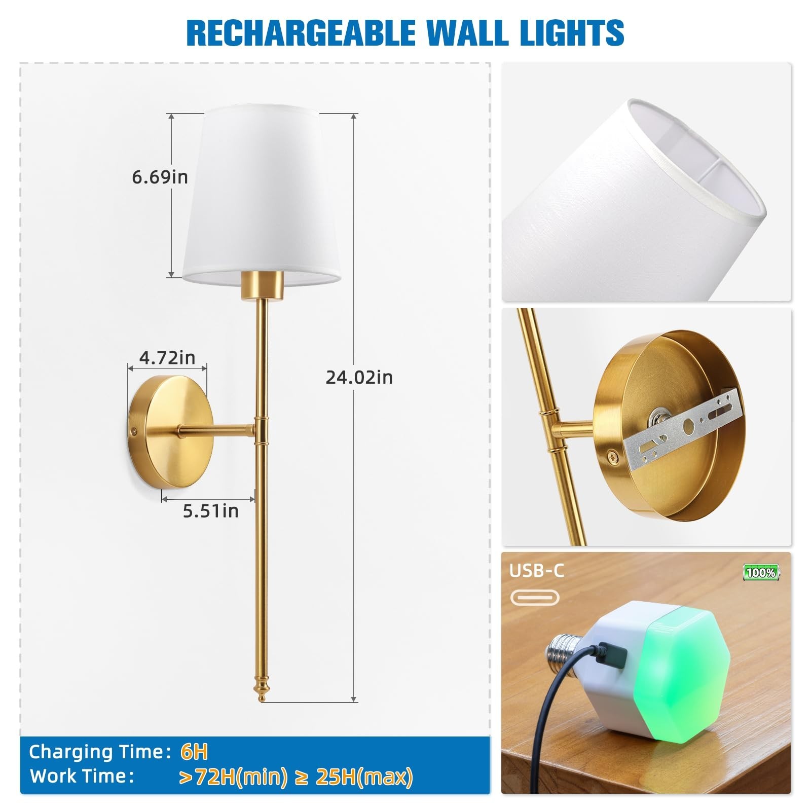 Battery Operated Wall Sconce Set of 2 – Gold Rechargeable Dimmable Lights, 10 Co