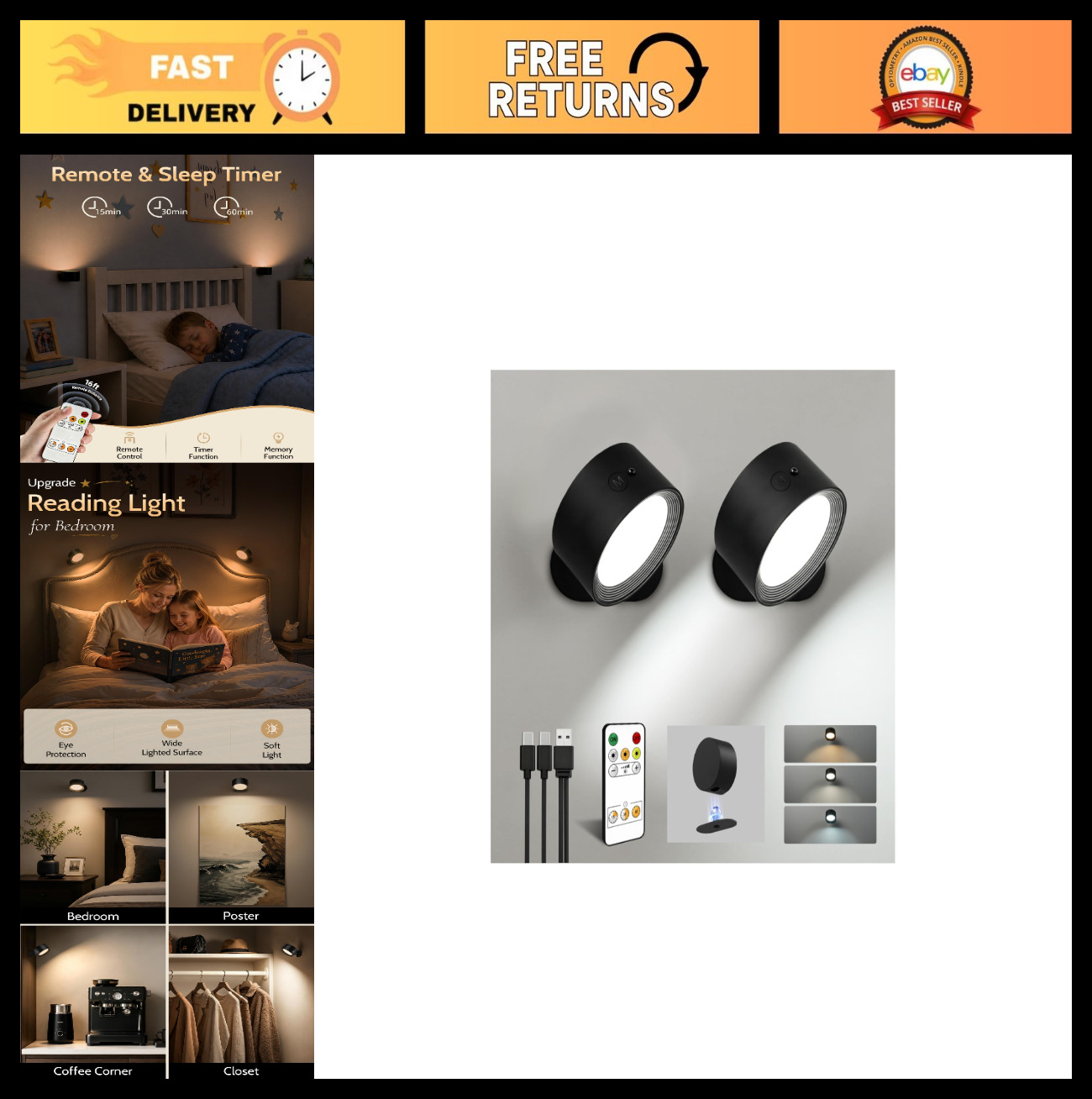 Rechargeable LED Wall Sconces – 3 Color Temps, Remote & Touch Control, 360° Dimm