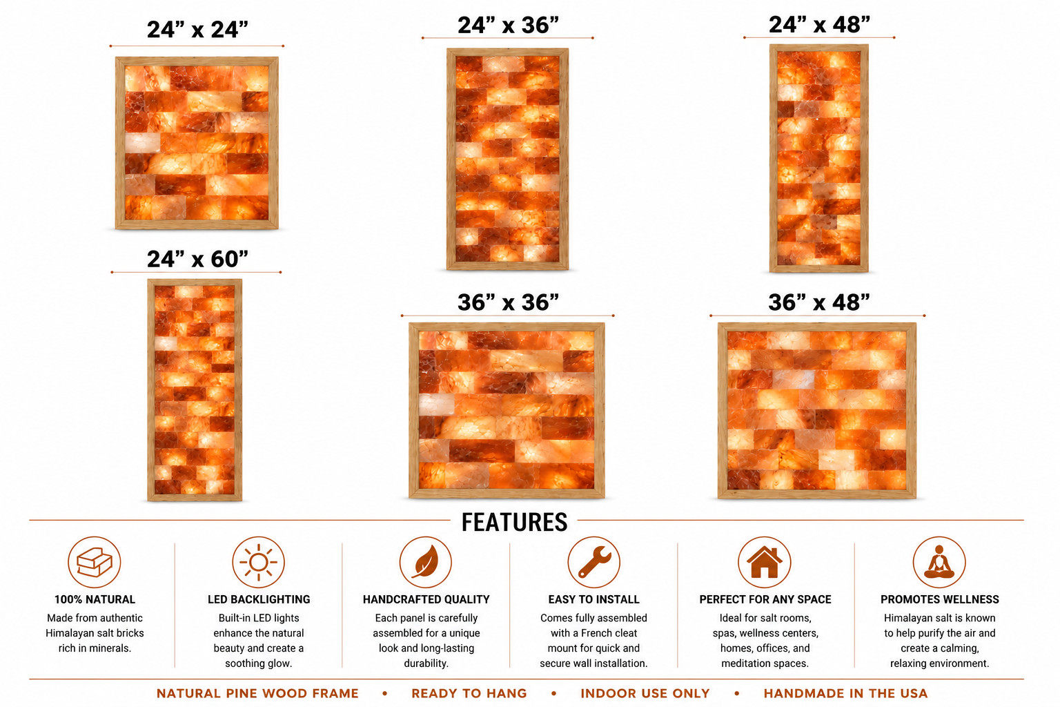 Himalayan Salt Wall Panel with LED Backlight, fully assembled 24»x60»