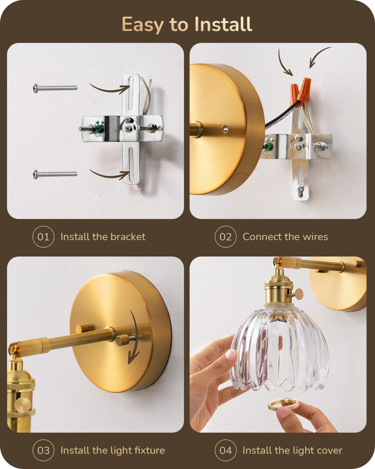 EDISHINE Vintage Brass Gold Vanity Lights, 180° Adjustable Head, Rotary Switch