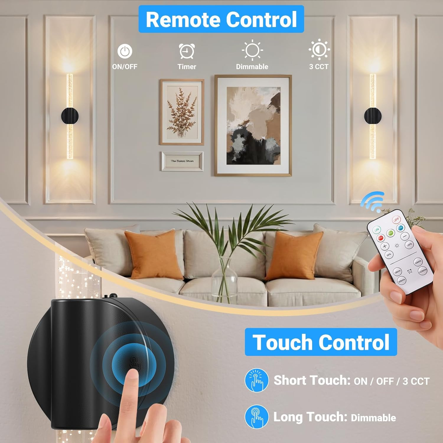 Rechargeable Magnetic Wall Sconces Set of 2 with Remote & Touch Control