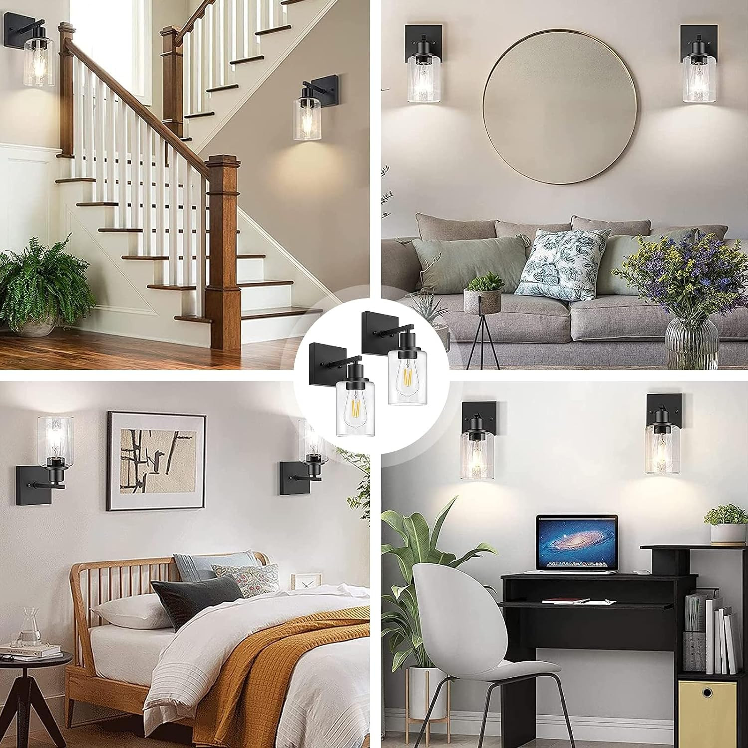 Black Wall Sconces Set of 2 with Clear Glass Shade for Farmhouse Decor