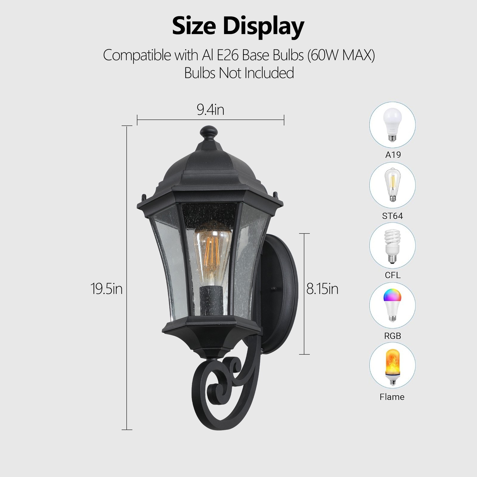 2 Pack 20″ Outdoor Wall Sconce Light Sensor Black Lantern Fixture Dusk to Dawn