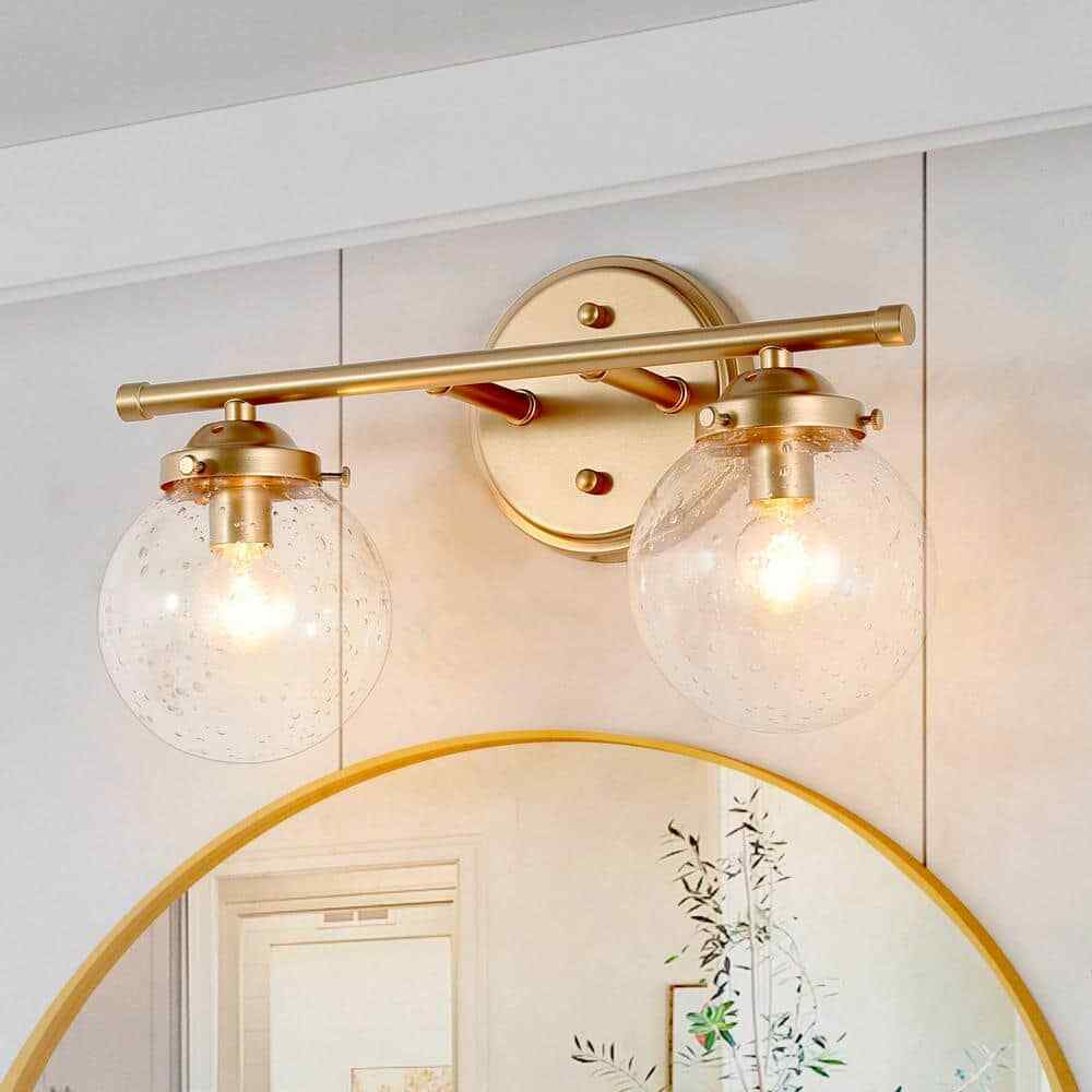 Uolfin 2-Light Gold Round Bedroom Wall Sconce Light with Seeded Glass Shades