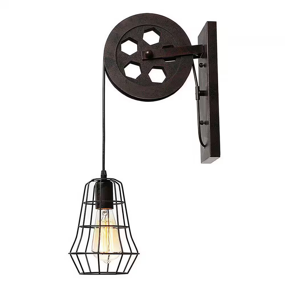 1-Light Rusty Vintage Metal Cage Industrial Wheel Pulley Hard Wired Swing Arm Wa