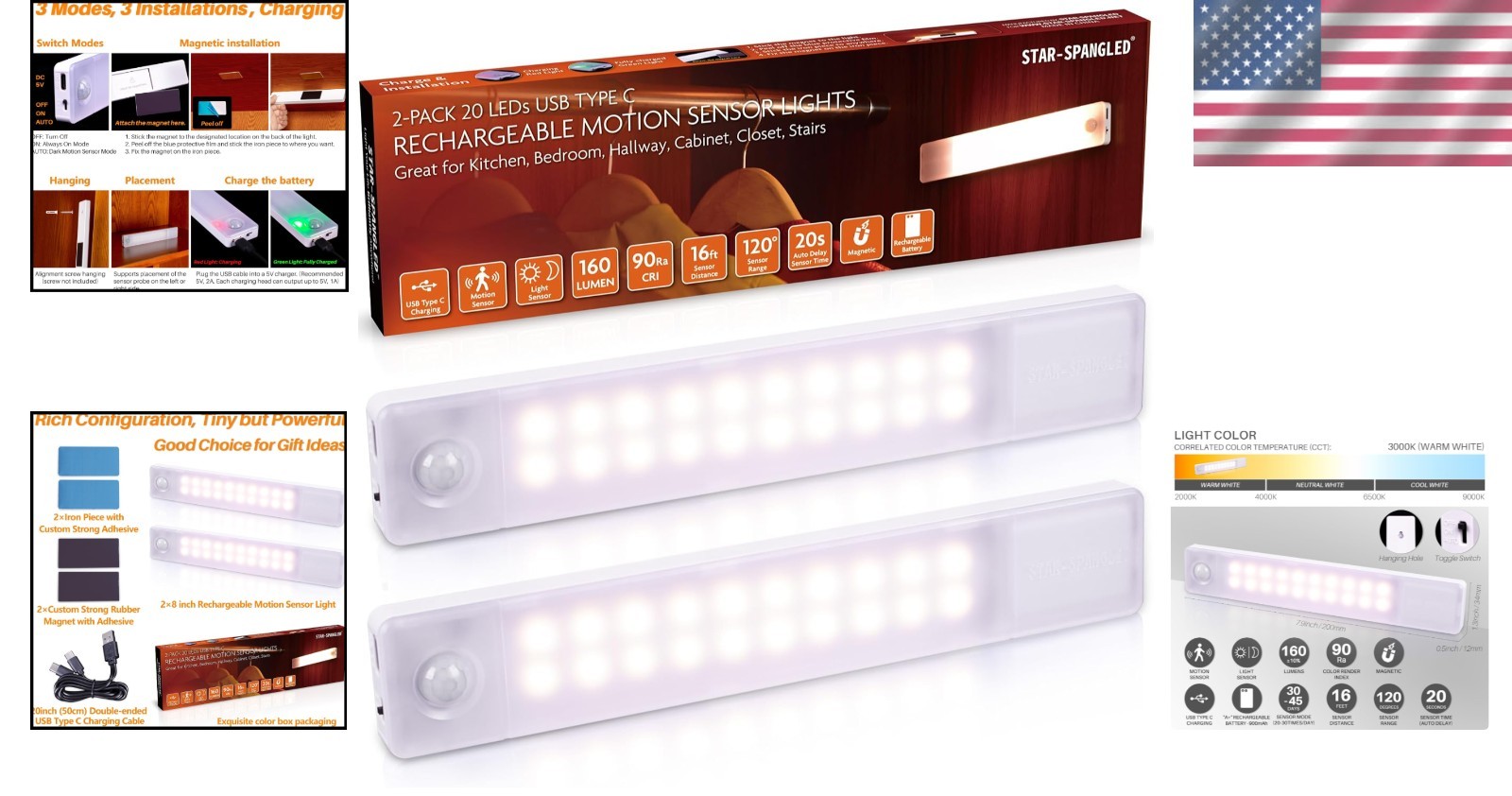 Elegant 8-Inch Rechargeable Motion Sensor Under Cabinet Lights – Warm White, …