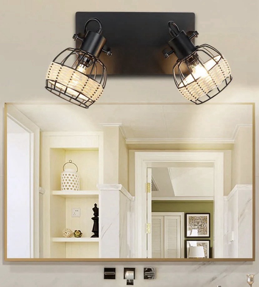 Track Lighting Ceiling Wall Light 2 Ways Rotatable Spotlight Cage Rattan Shade
