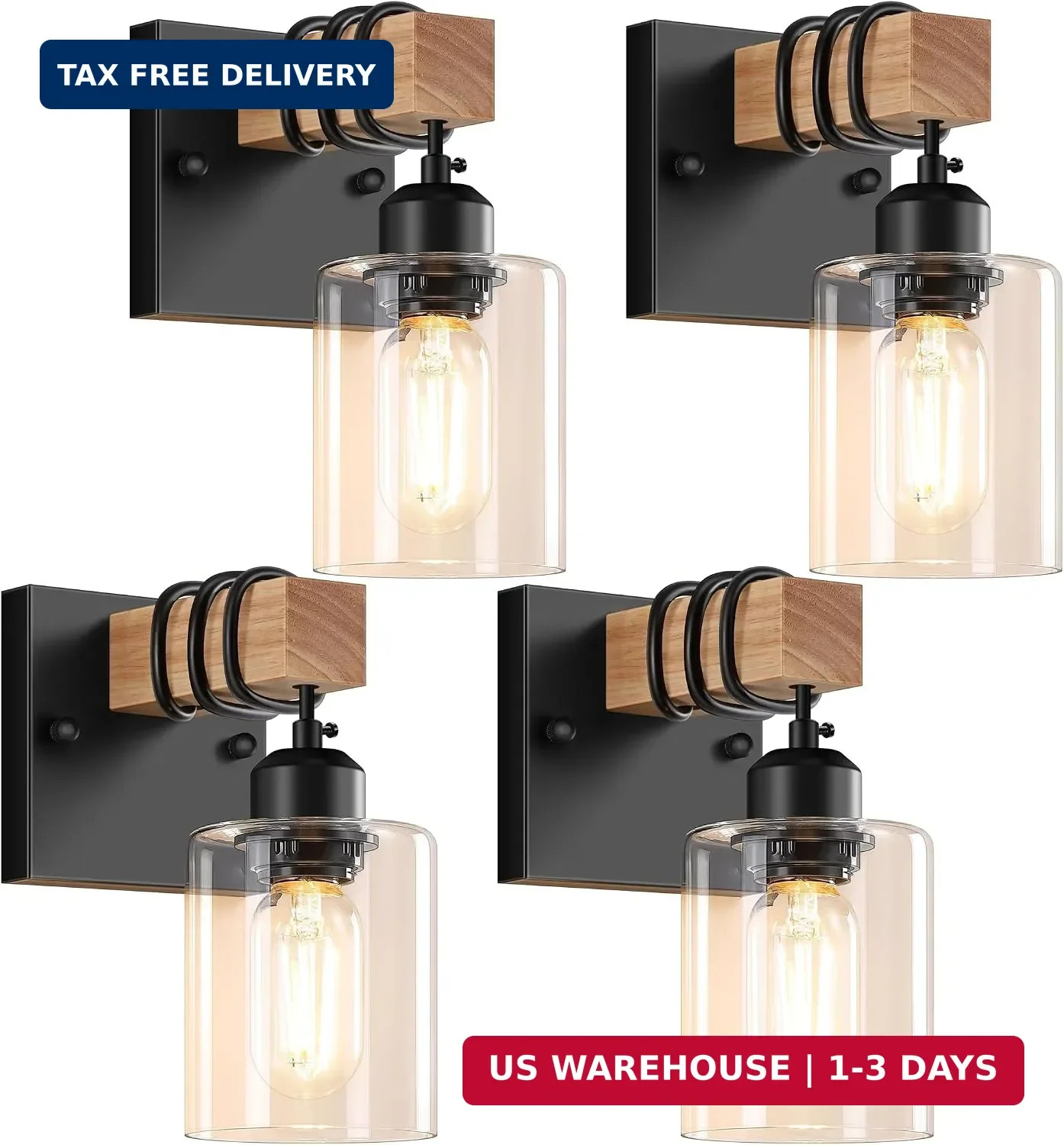 Farmhouse Wall Sconces 4-Pack, Rustic Wood Vanity Light Fixtures for Bathroom, 1