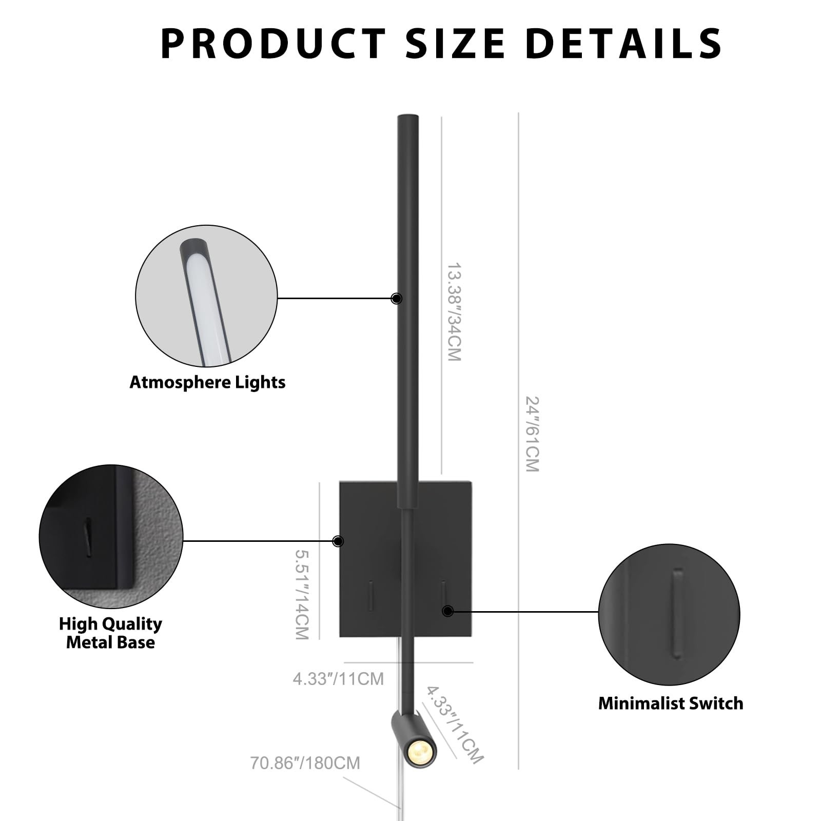 ZEROUNO Modern Plug In Wall Sconce Indoor Wall Light Set Two Bed, Corded