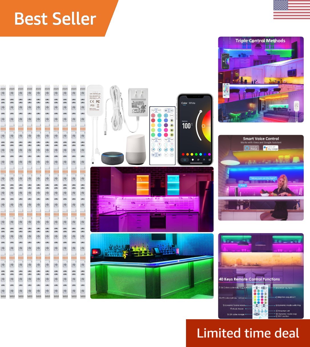Dimmable LED Strip Lights Kit – RGB Color Changing for Kitchen & Shelf Lighting