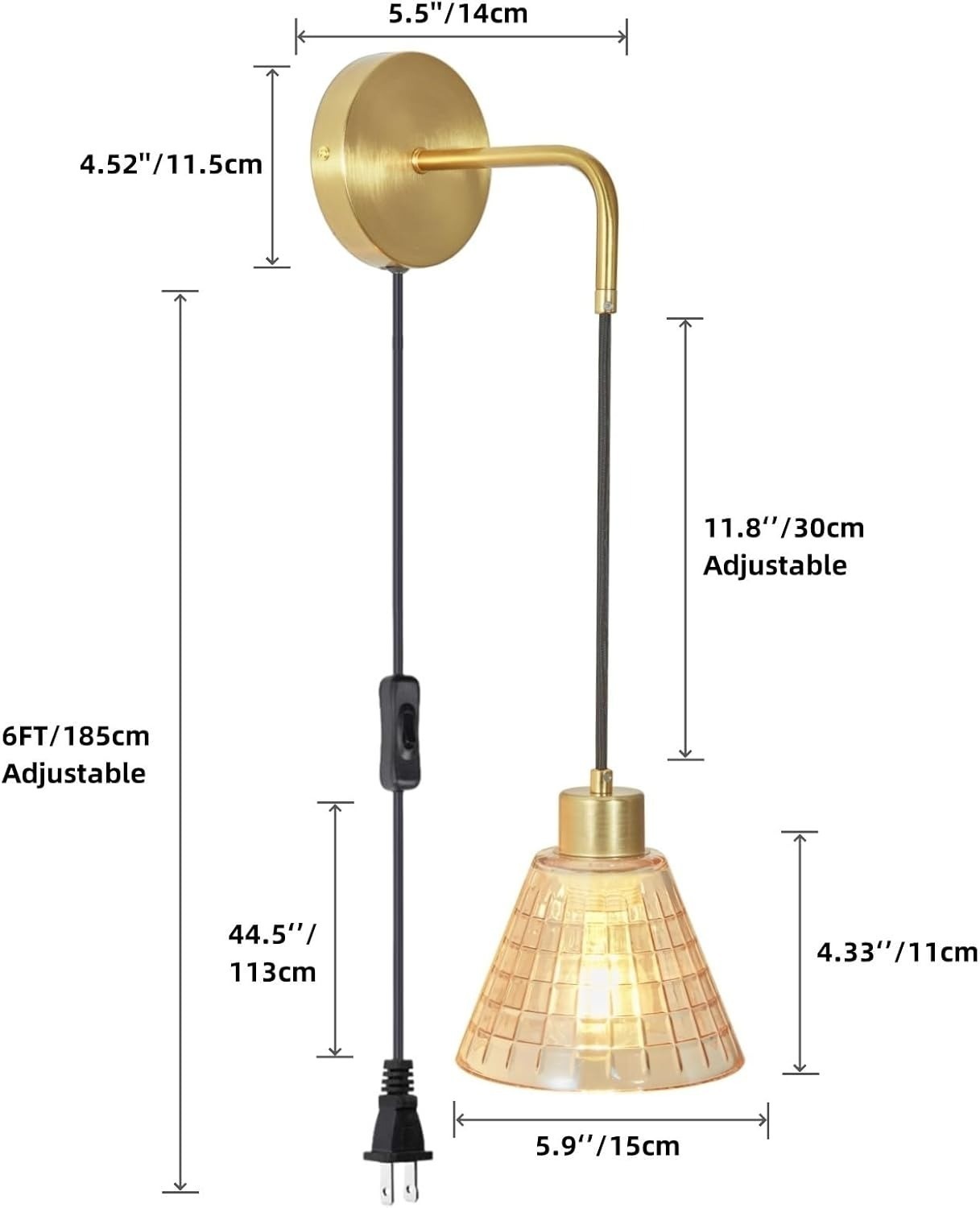 2pk Gold Wall Sconce with Plug in Cord On Off Switch Wall Lamp Light Amber Glass