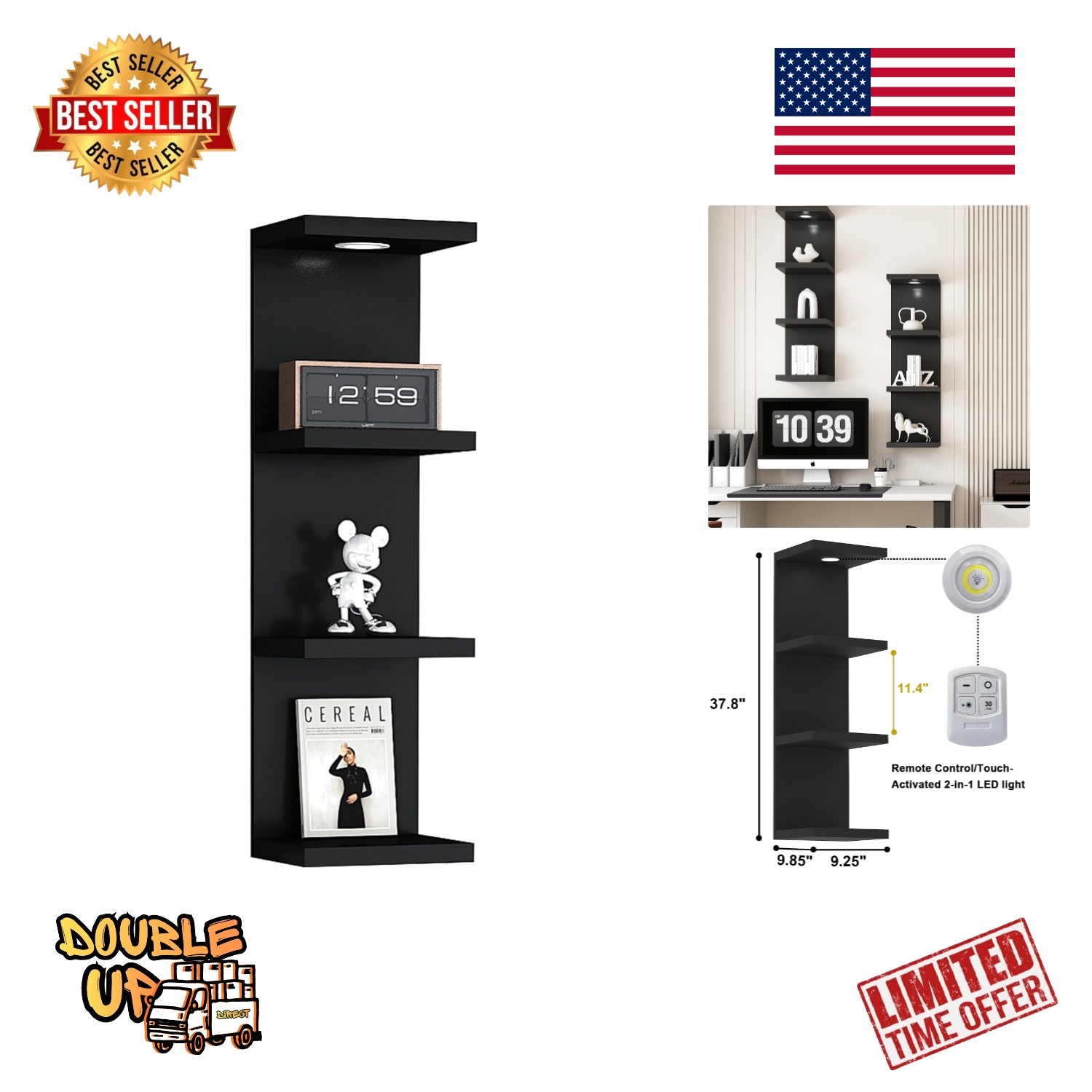 Modern 4-Tier Floating Shelf Unit with Remote Control LED Light – Black Finish