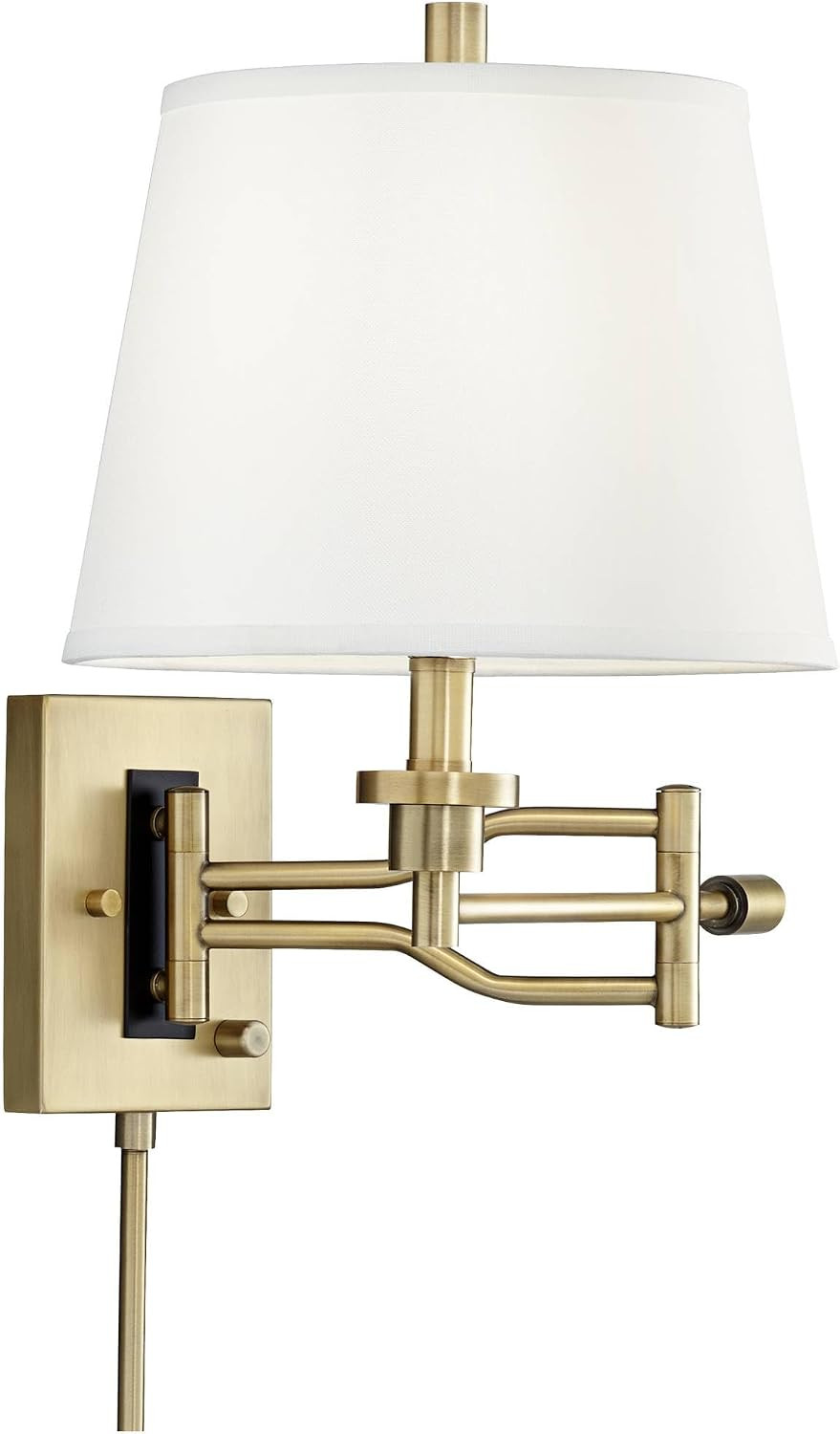 Satin Brass Plug-In Swing Arm Wall Lamps Set of 2 with White Linen Shade