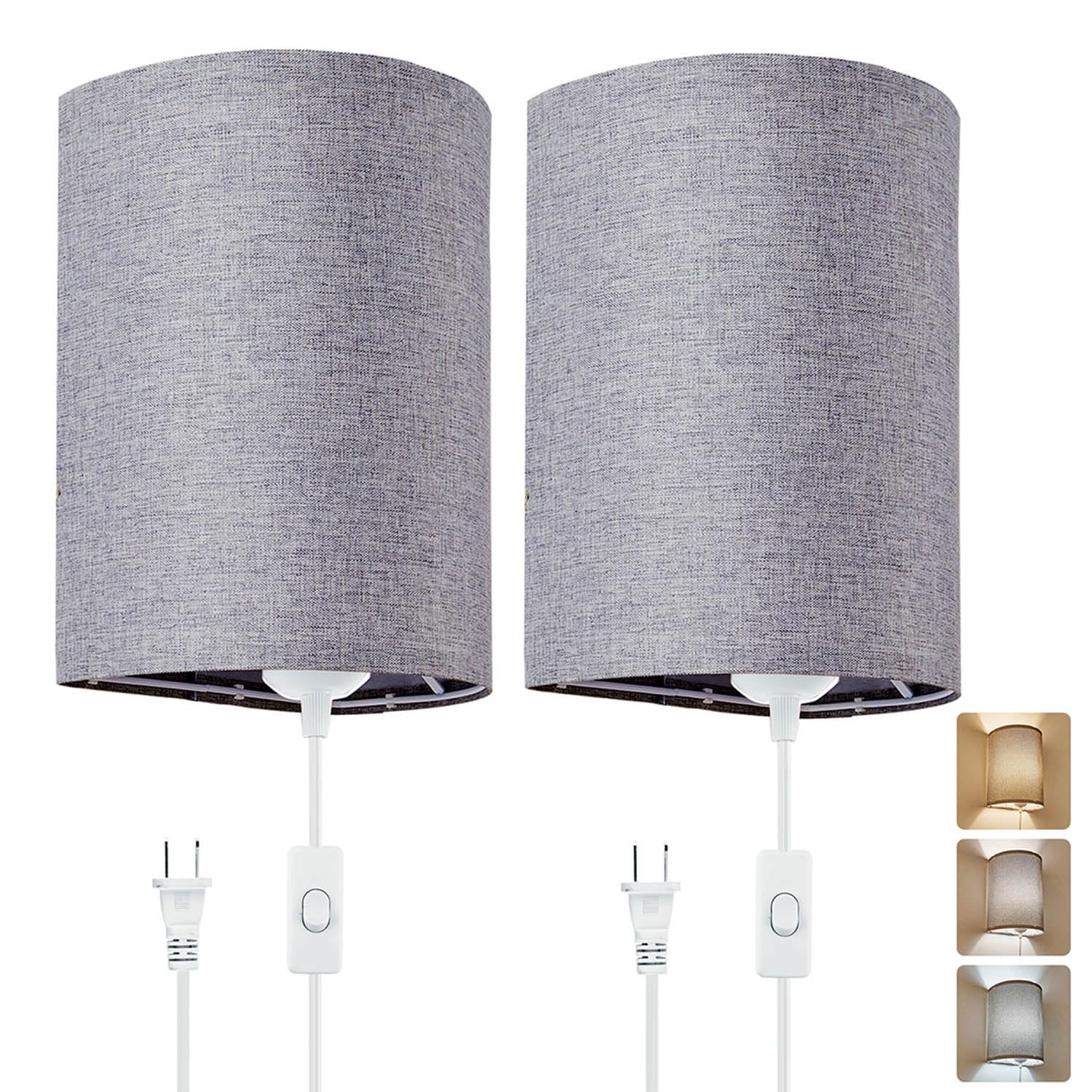 Wall Sconces Set of 2, Plug in Wall Sconces with On/Off Switch, 3-Color Selec…