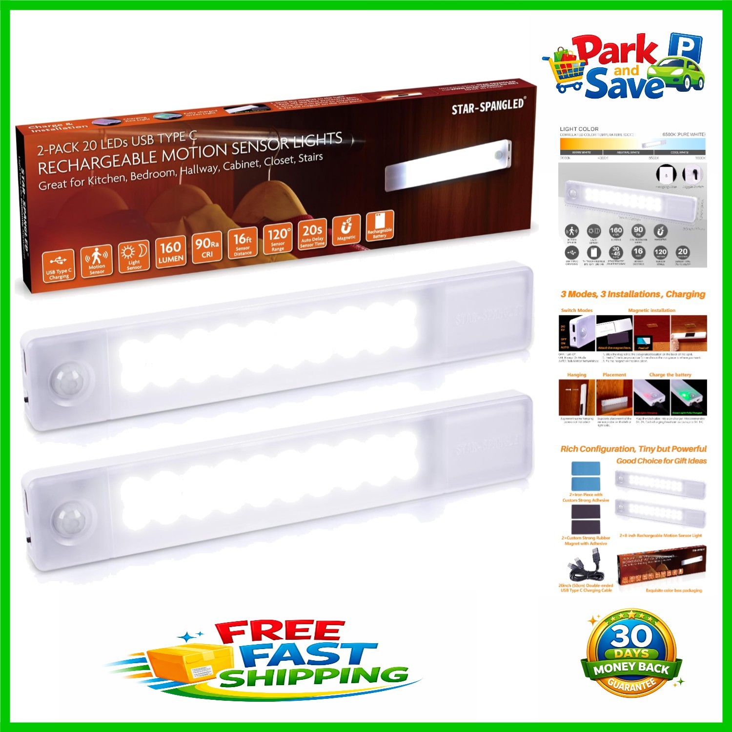 2 Pack 8-Inch Magnetic Rechargeable Motion Sensor LED Lights for Everyday Use