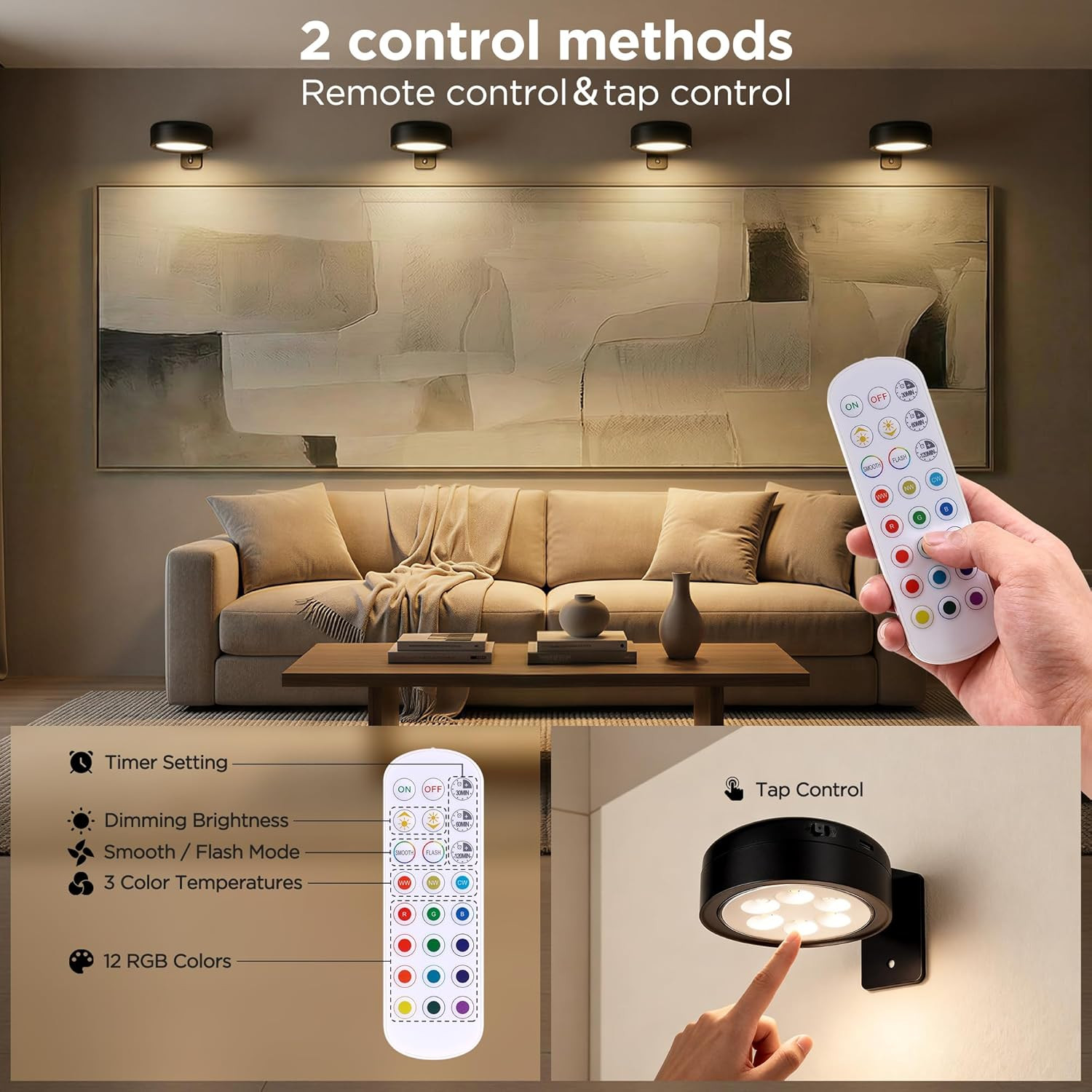 4-Pack Picture Lights for Wall, Rechargeable Wireless Poster Lights with 3 CCT &