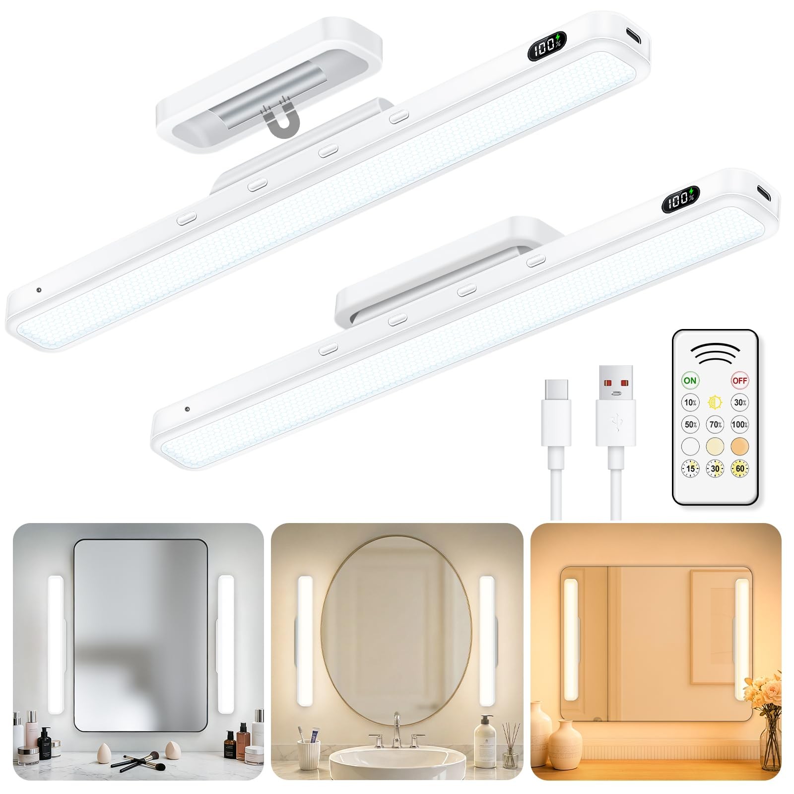 2 PCS 3W Rechargeable LED Vanity Mirror Lights With Remote Control StickOn