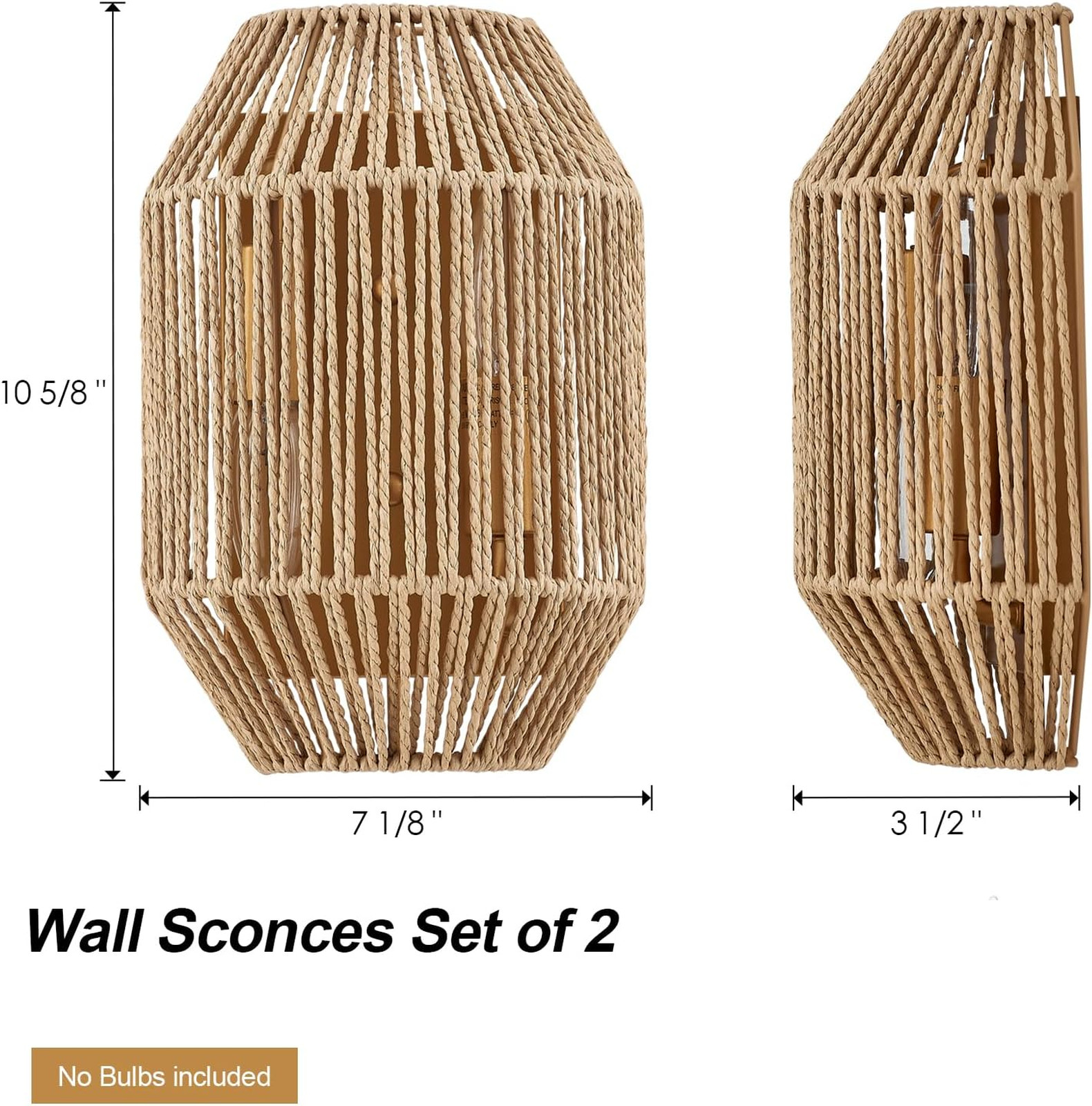 Natural Rattan Wall Sconce Set of 2, with Boho Woven Wicker Shade Antique Brass