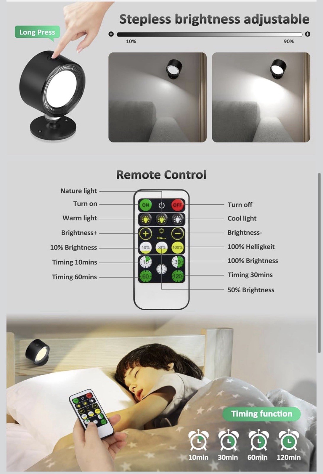 Lightbiz LED Wall Mounted Lights 2 Pcs with Remote, Wall Sconces Lamp 3000Mah Re