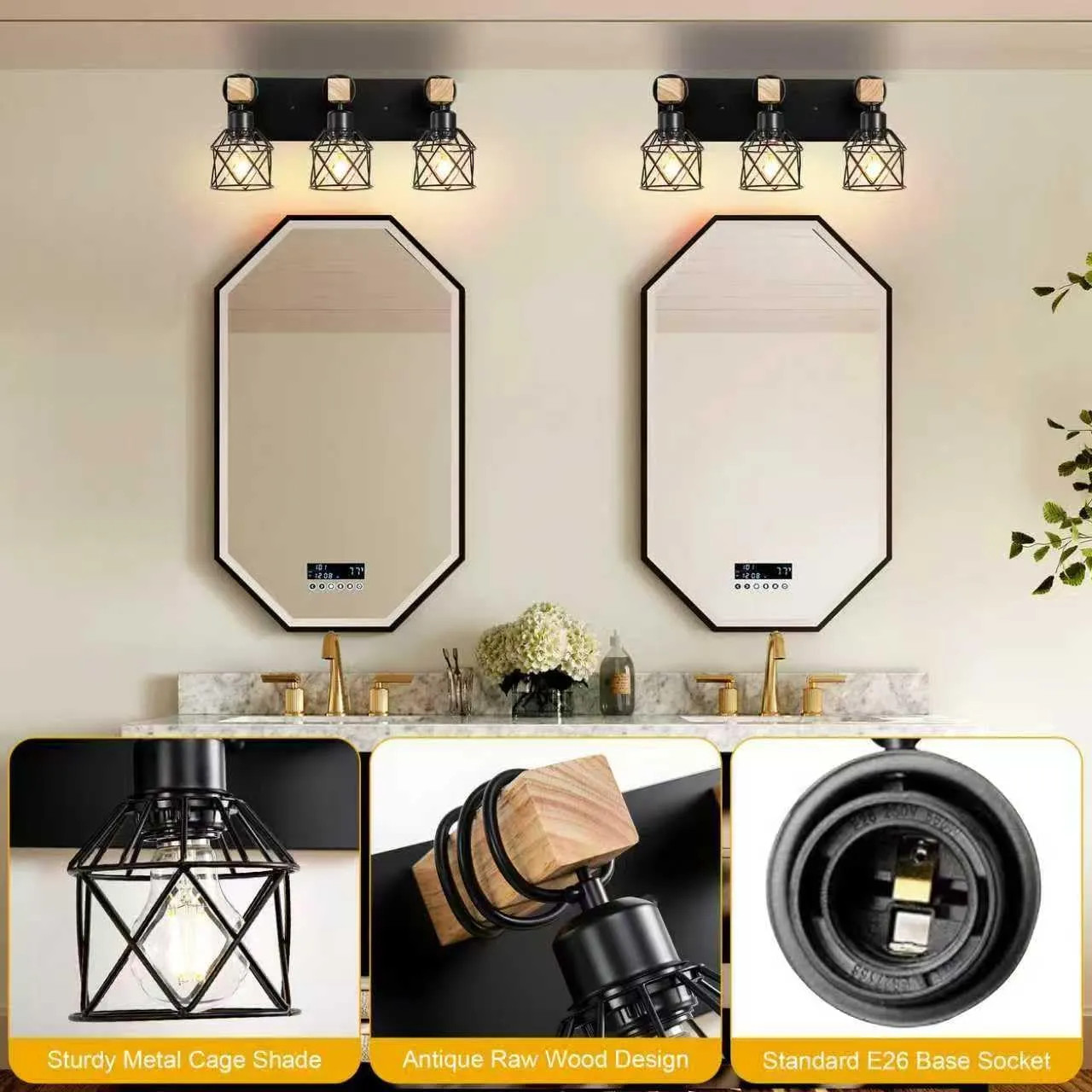 3 Light Bathroom Vanity Wall Lamp Rustic Wood And Black Metal Cage Farmhouse…