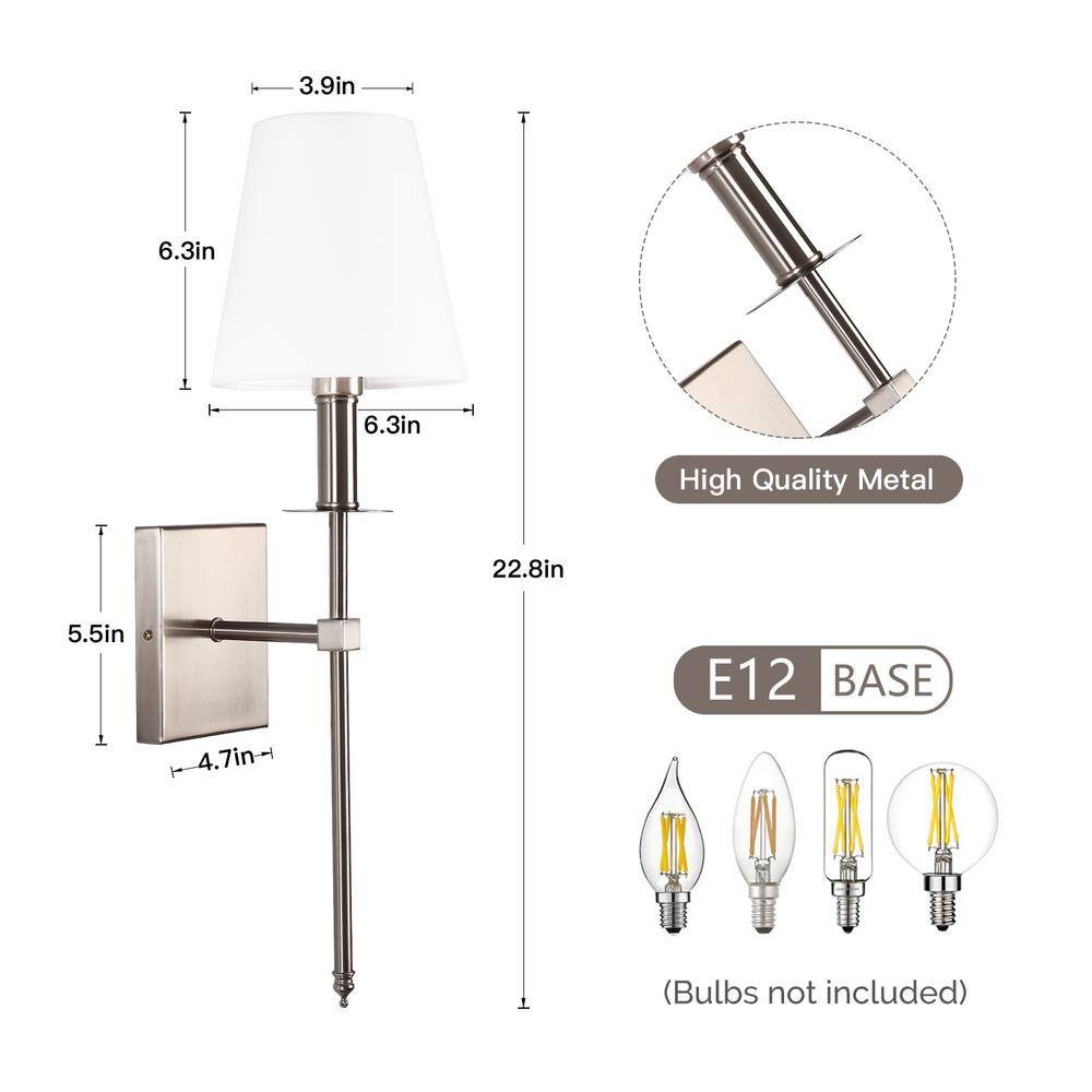 LamQee 1-Light Satin Nickel Wall Sconce with White Fabric Shade