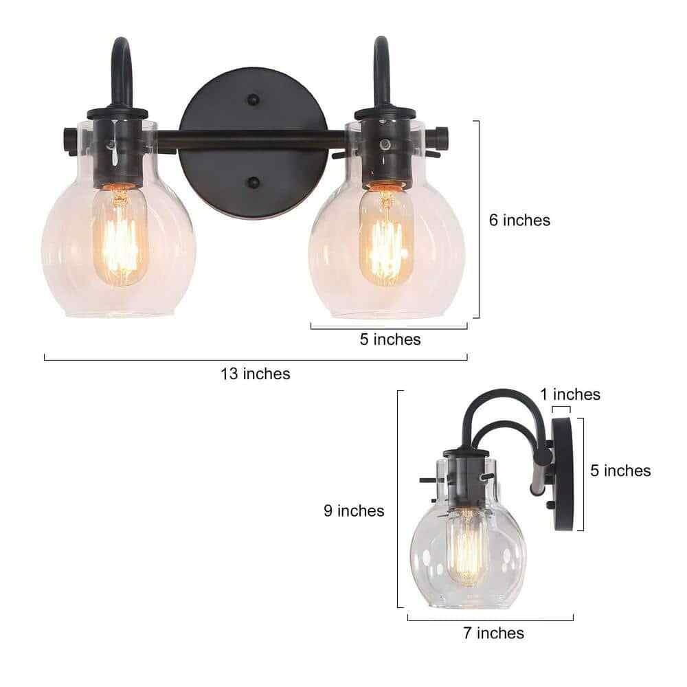LNC 13 in 2-Light Modern Farmhouse Black Vanity Light Wall Sconce w Glass Shades