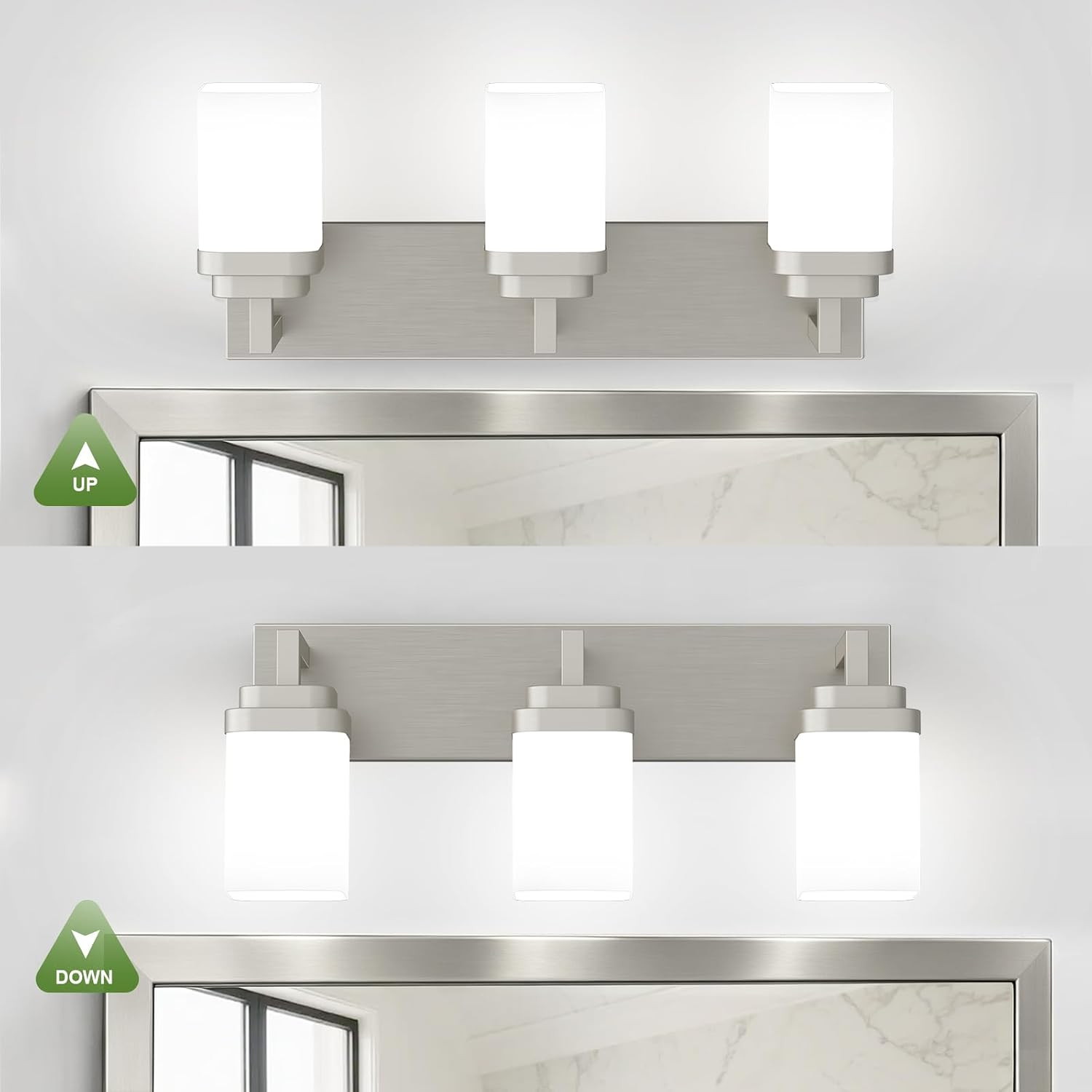 Brushed Nickel Bathroom Light Fixtures, Modern Vanity Lights with White Glass La