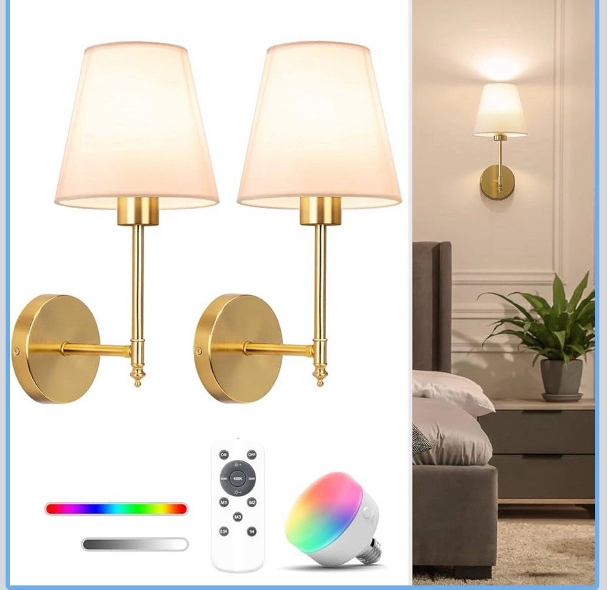 NIORSUN 14.5 inch Battery Operated Wall Sconce Set of 2,Gold Rechargeable Wall