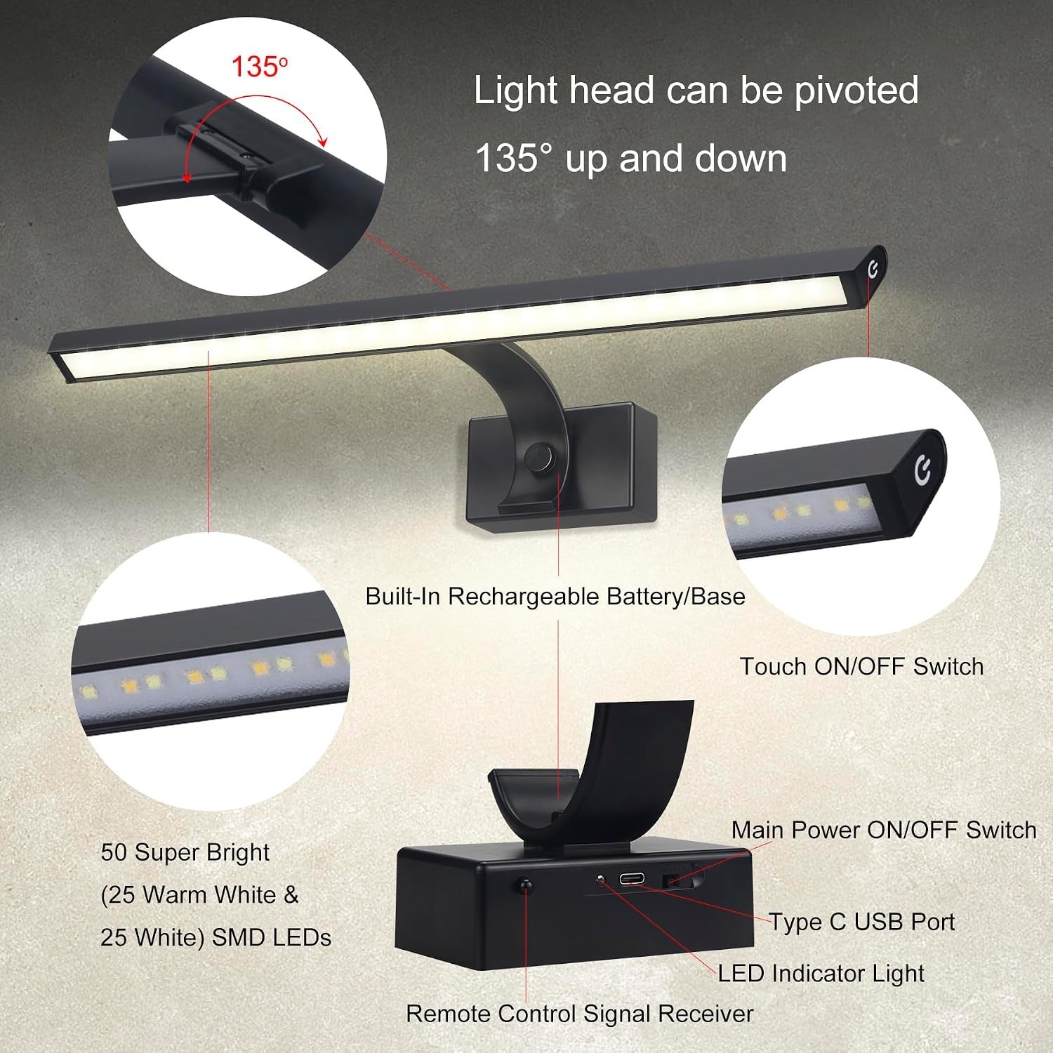 16-Inch Wall-Mounted LED Picture Light – Dimmable & Timer Features, Matte Black