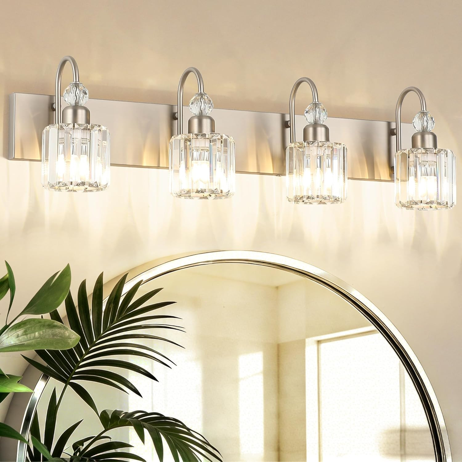 4-Light Crystal Vanity Light for Bathroom Brushed Nickel Modern Bathroom Light F