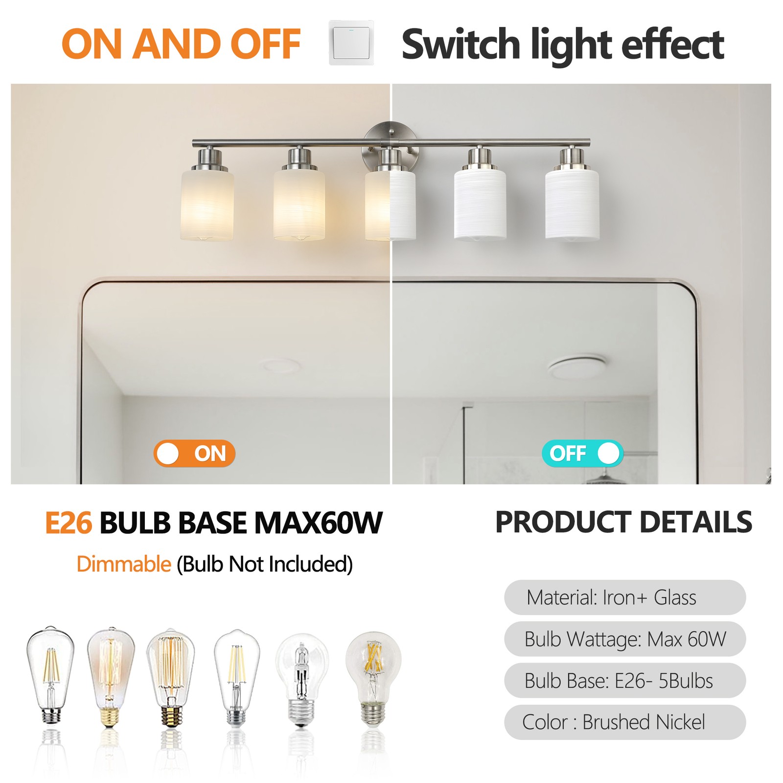 5 Lights Silver Vanity Light Wall Sconce LED Milky White Shade Bathroom Fixtures