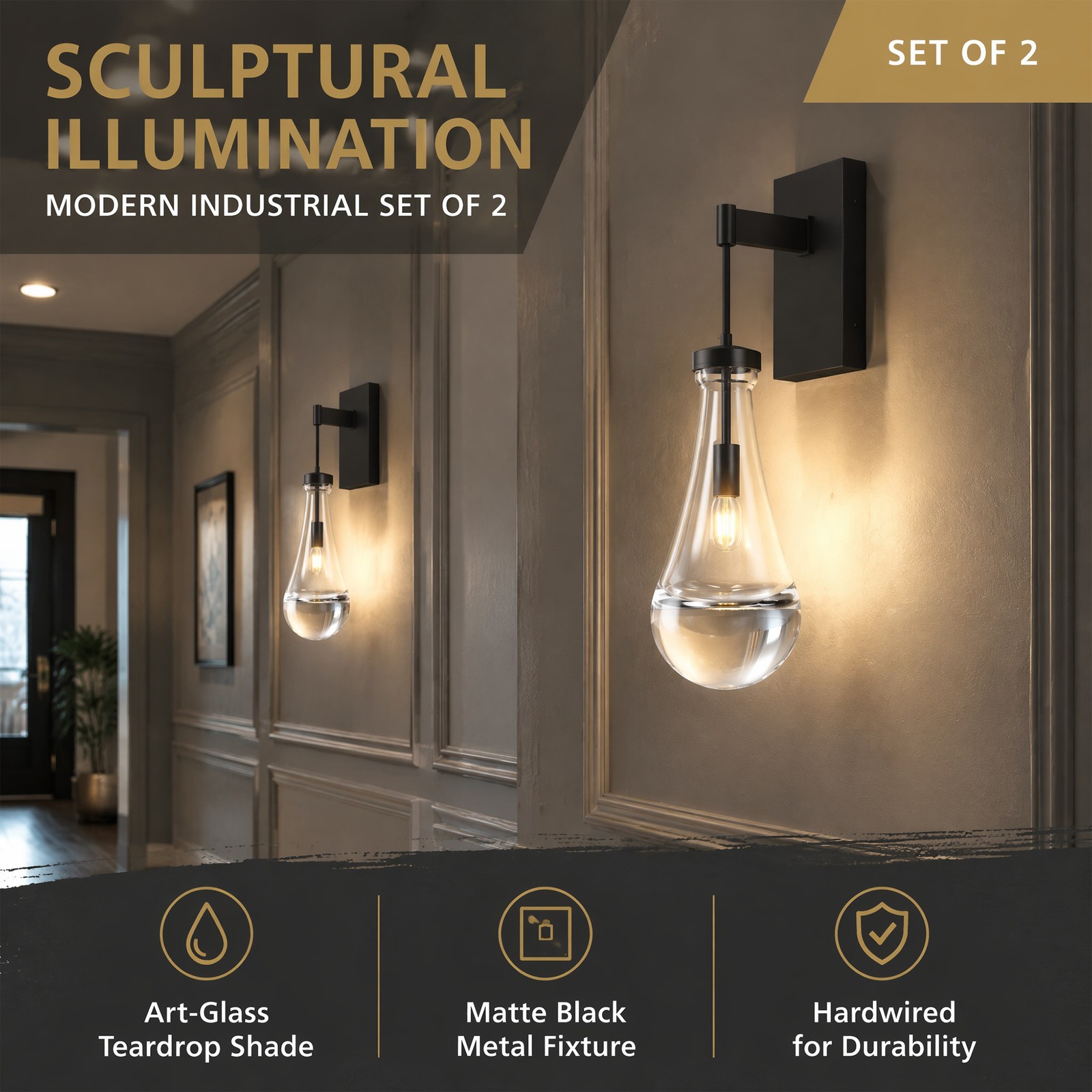 2 Pack Raindrop Solid Glass Wall Lamp Black Vanity Light Bathroom Sconce Fixture