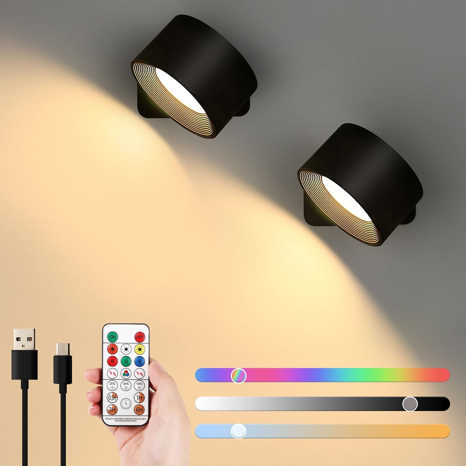 2 Pack LED Wall Sconces Rechargeable Cordless 19 Colors Dimmable Remote Touch