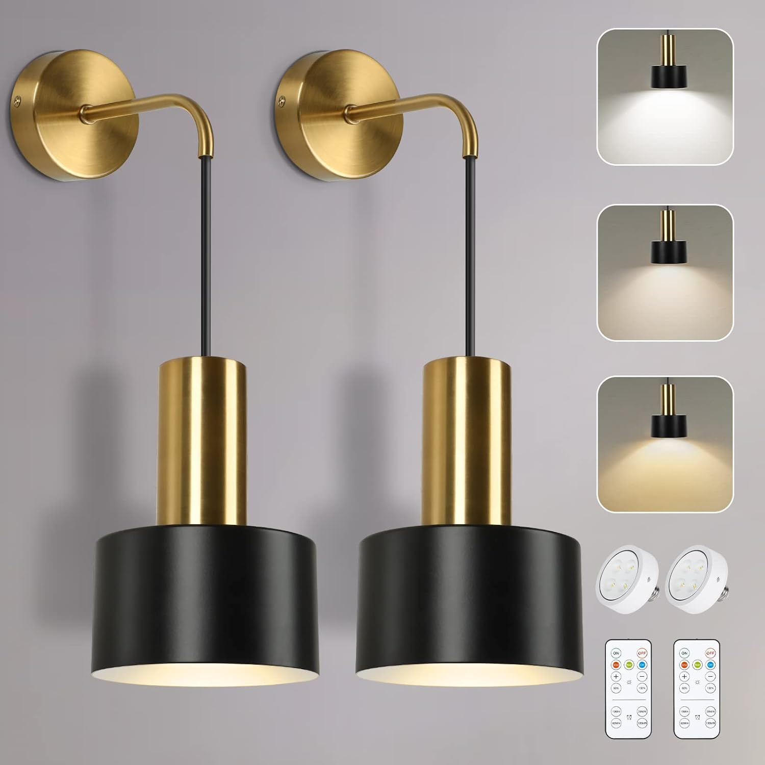 Wireless Battery Operated Wall Sconces with Remote – Dimmable LED Lamps Set of 2
