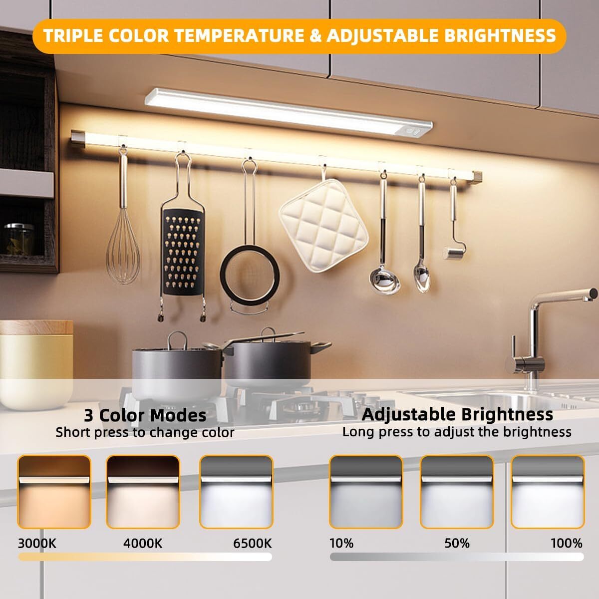 LED Motion Sensor Under Cabinet Closet Light USB Rechargeable Kitchen Strip Lamp
