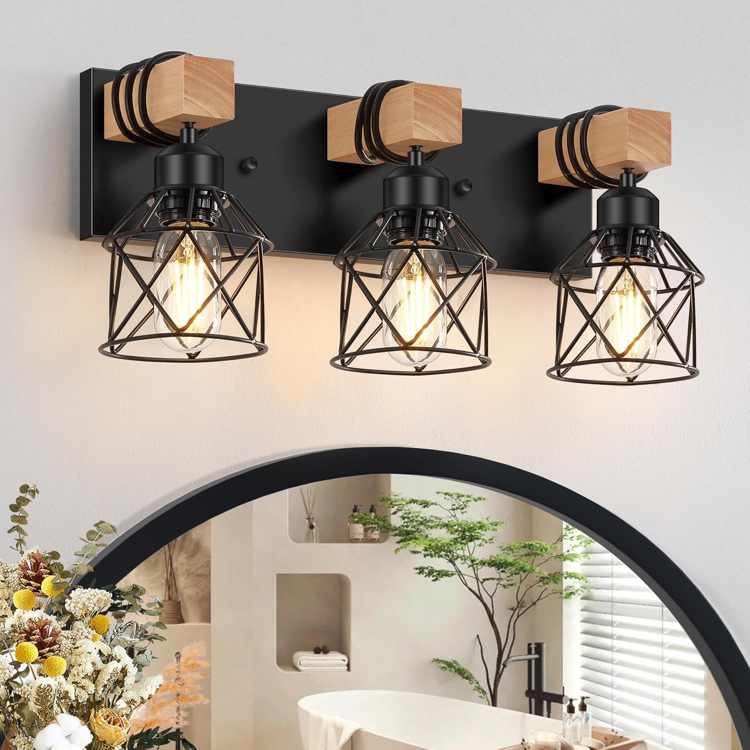 FadimiKoo 3-Light Farmhouse Vanity Light for Bathroom, Wood Bathroom Light Fixtu