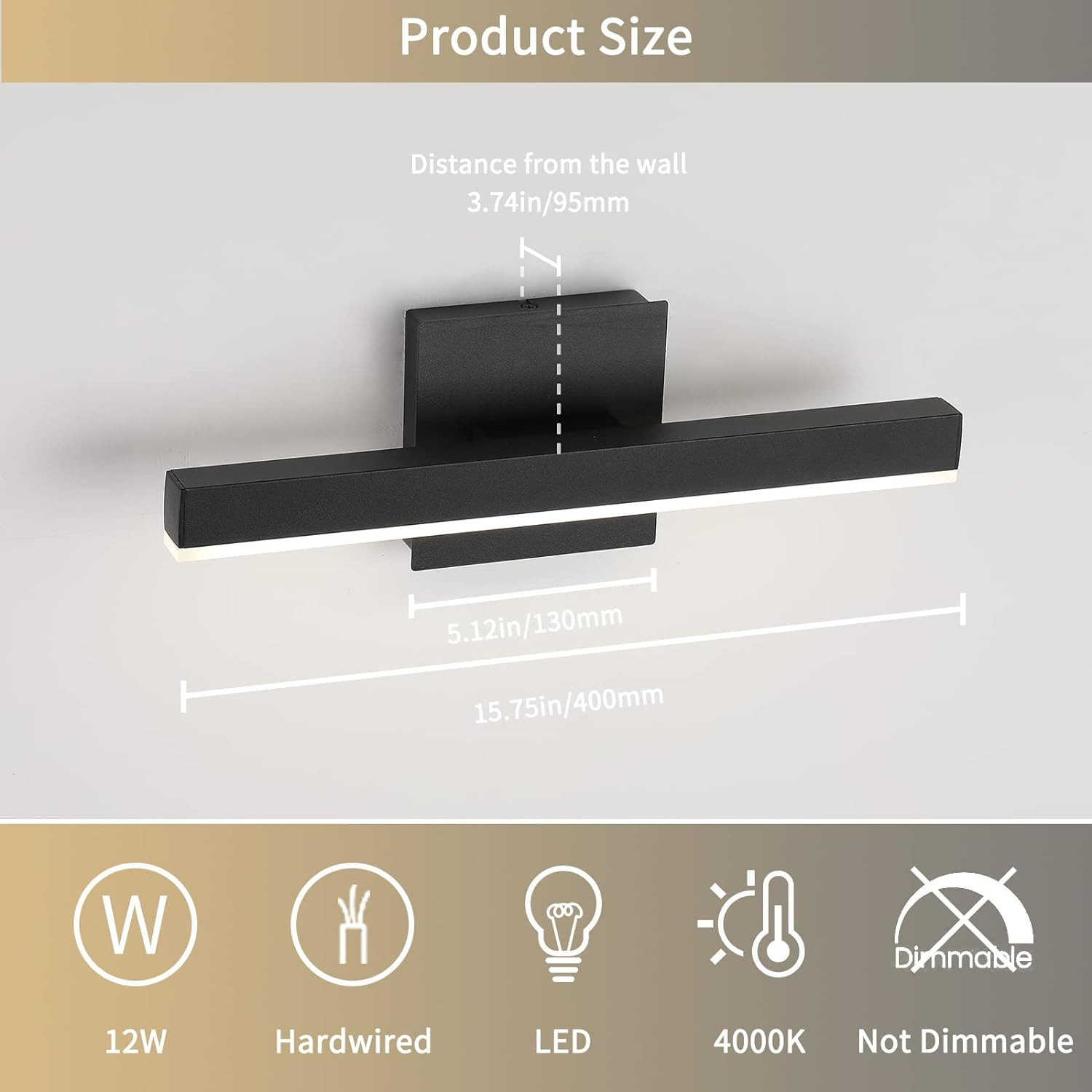 Modern 15.75″ LED Bathroom Vanity Light Bar – 12W Black Wall Sconce
