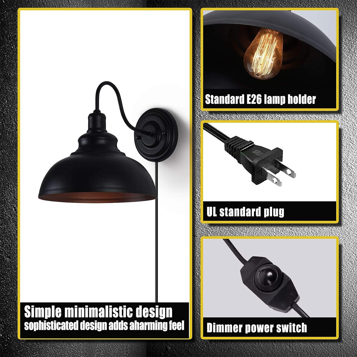 Dimmable Wall Sconce Plug in, Industrial Farmhouse Black with Plug-in Cord