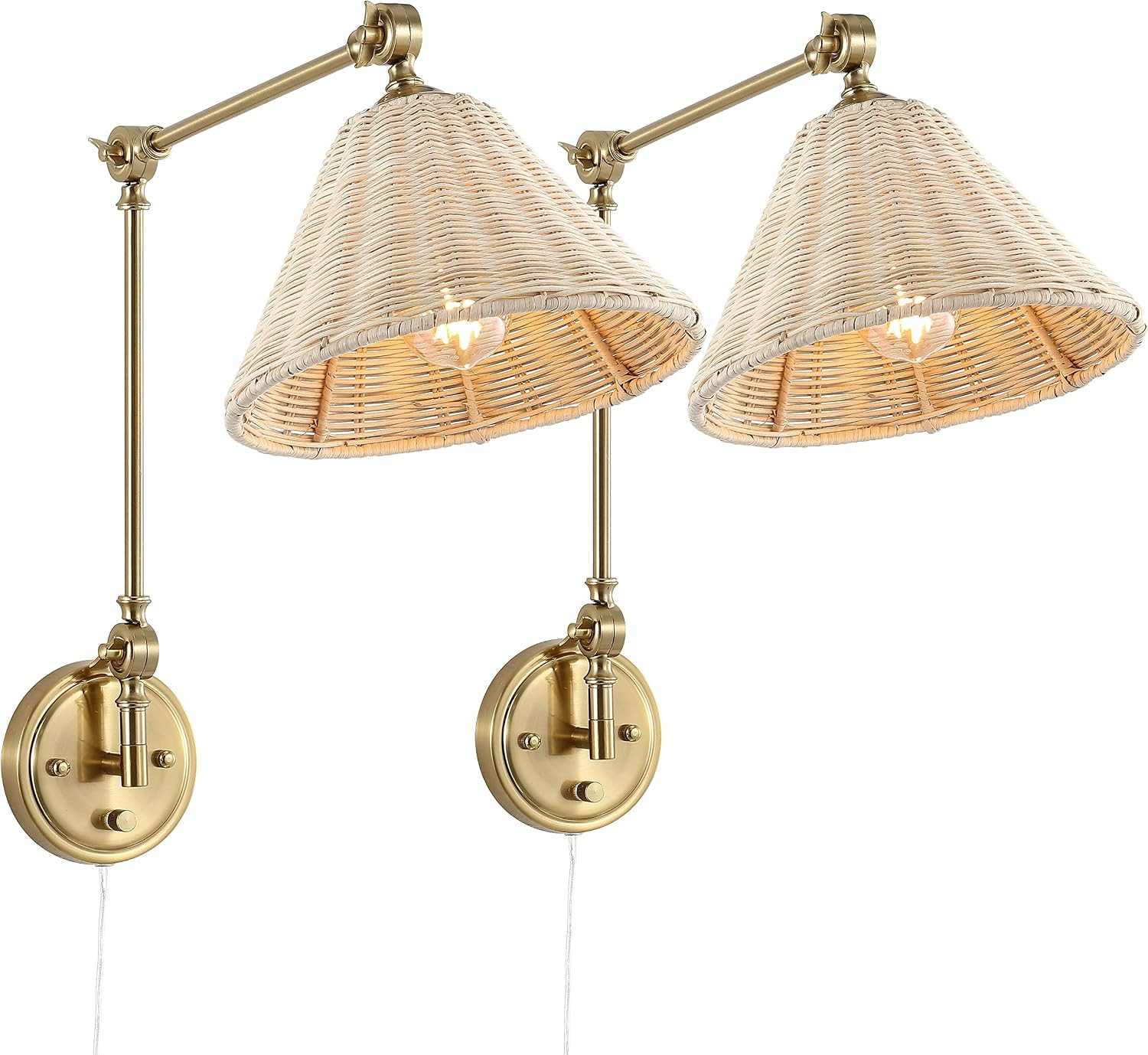 Vintage Rattan Wall Sconce with Adjustable Arm – 2 Pack Brass Reading Lights