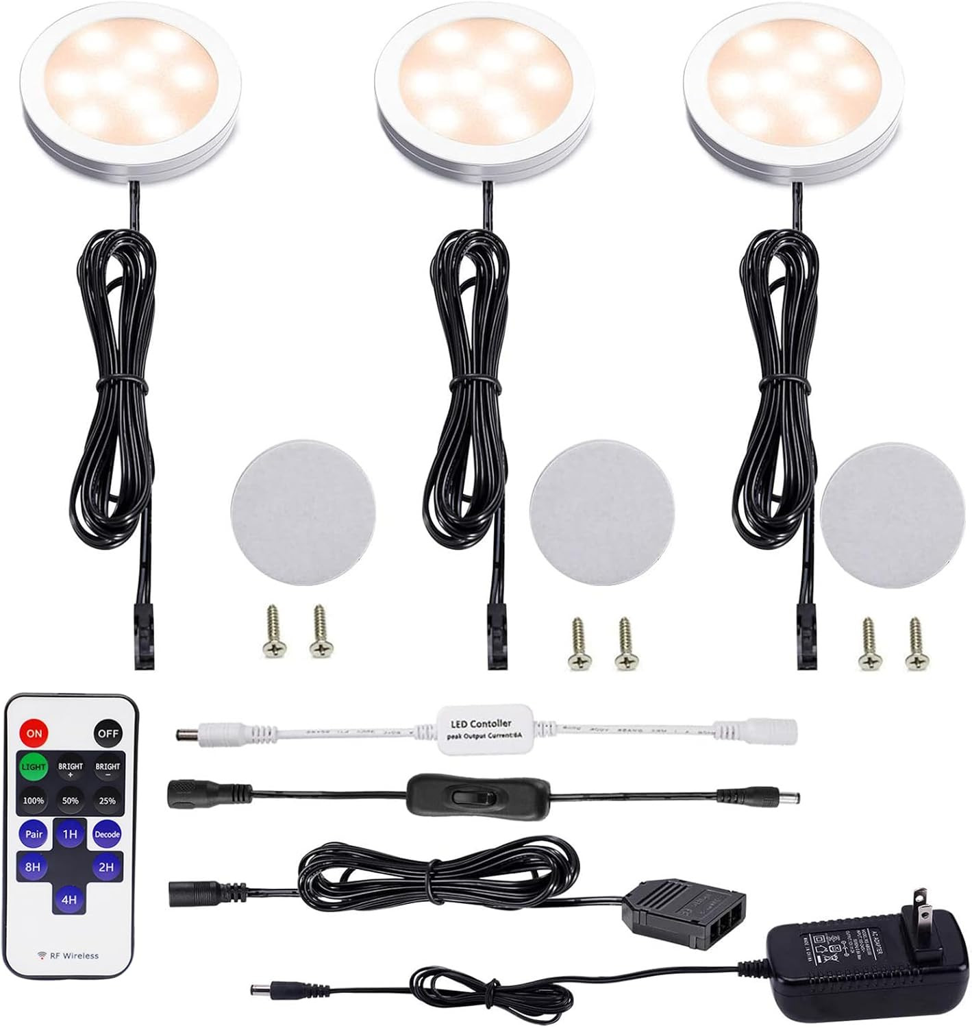 AIBOO Dimmable LED under Cabinet Puck Lights 3 Lamps Kit with RF Remote Control
