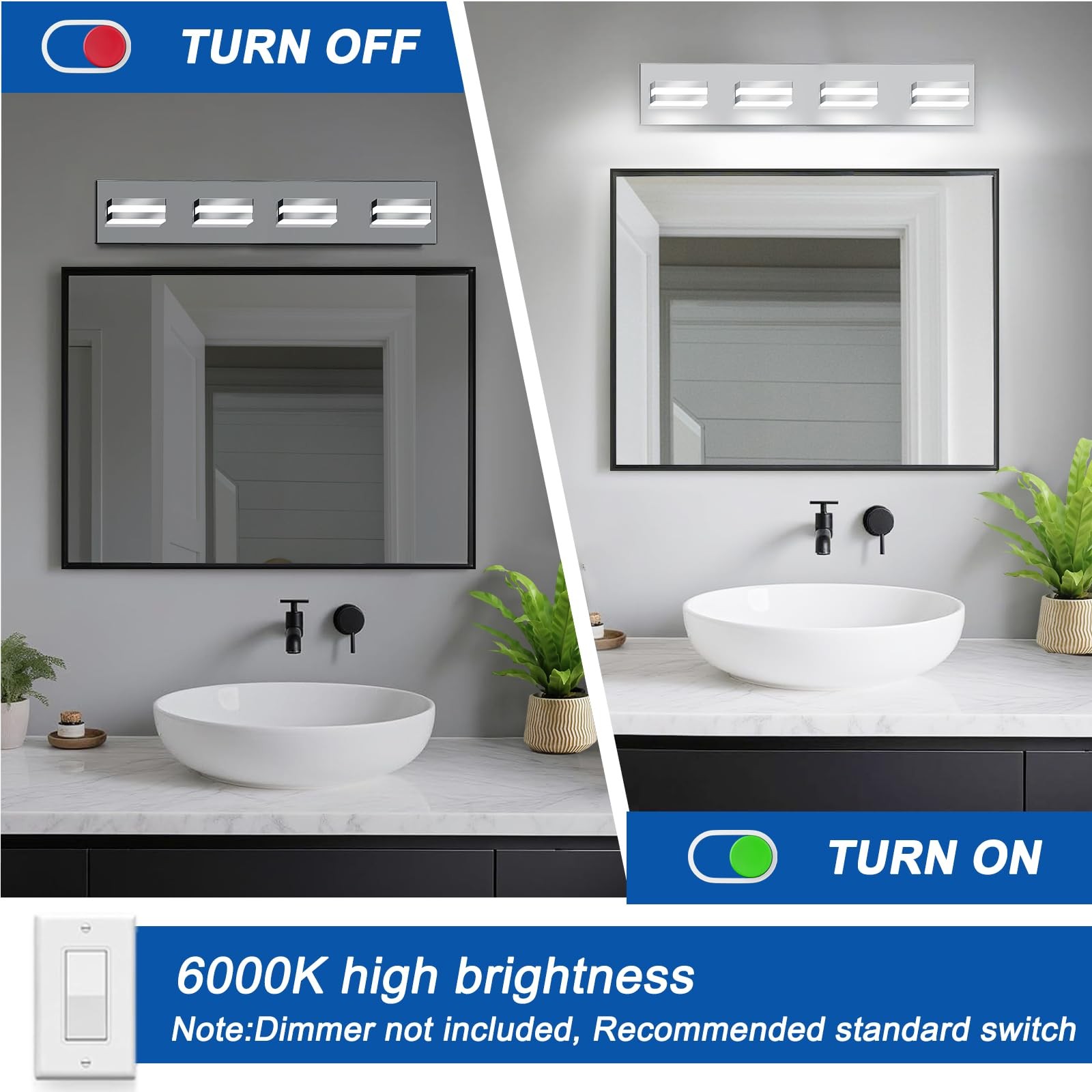 LED Modern Bathroom Lights Fixtures(4-Light,Dimmable,360°Rotate),Chrome Acryl…