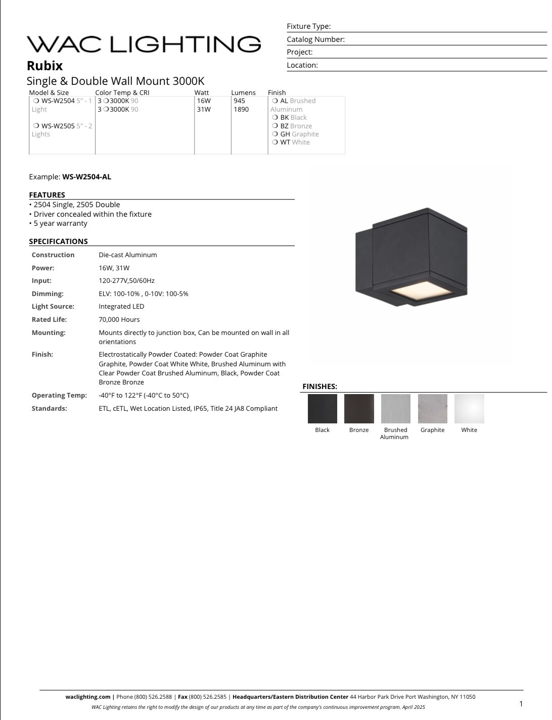 WAC WS-W2505-GH 30W Rubix Up/Down LED Wall Mount, 3000K *open box