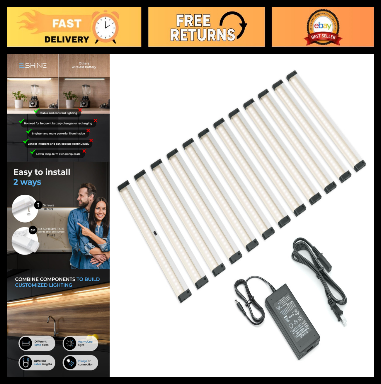 Dimmable Touchless LED Under Cabinet Lighting Kit, 12-Pack, Warm White 3000K