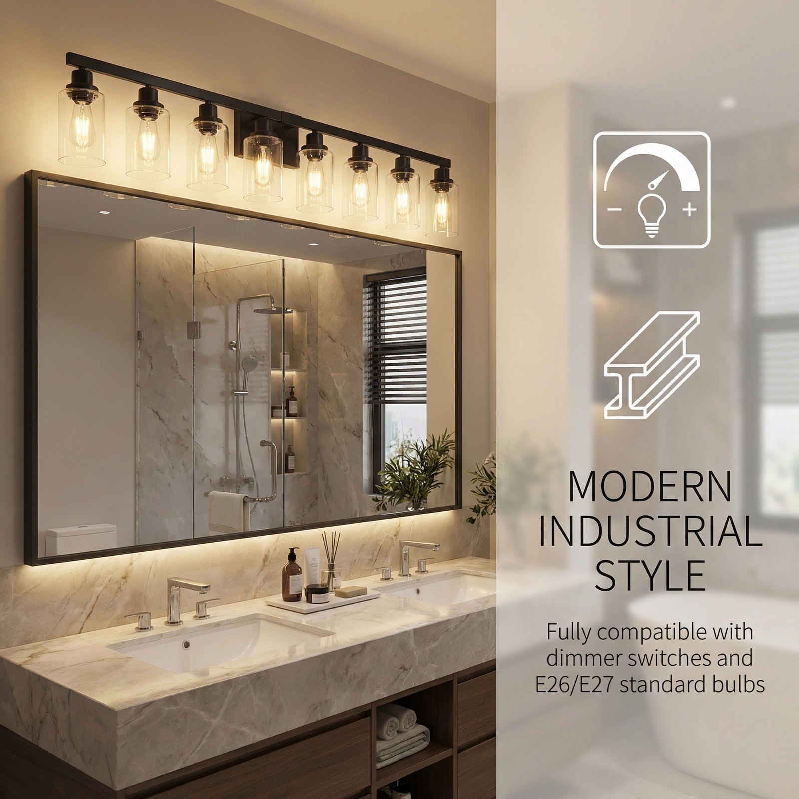 Vanity Light 51 inch Modern Black 8-Lights Wall Sconce Bathroom Mirror Fixture