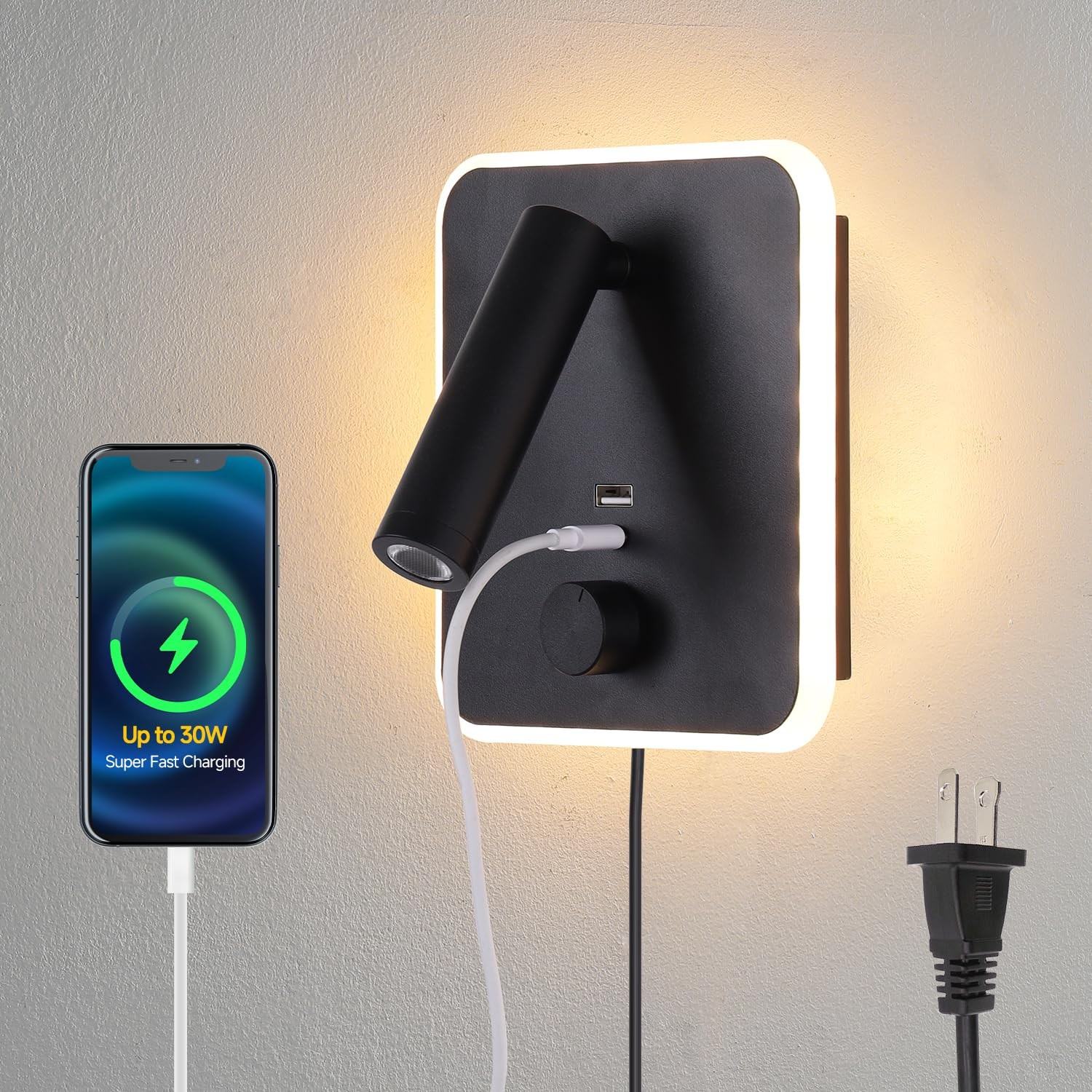 30W Fast Charging Plug-in Wall Sconces & Lamps with Dual USB-A/Ports, Adjusta…